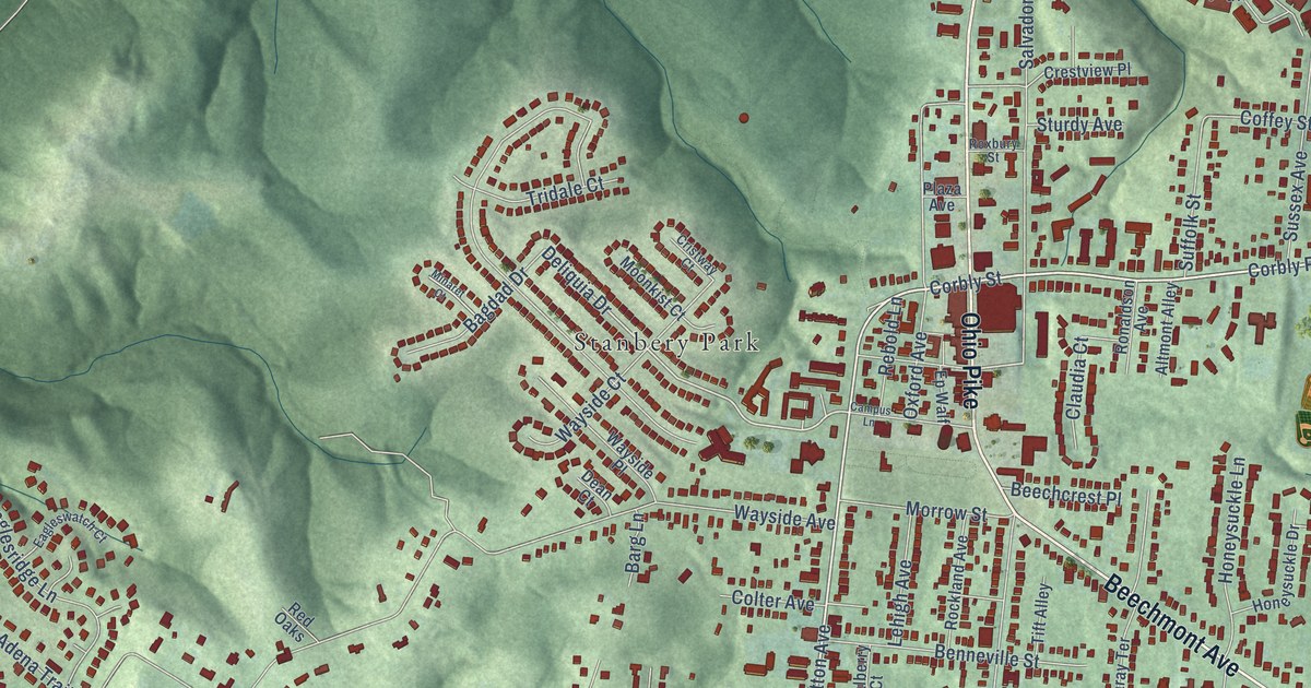 Close-up of streets and buildings in Mount Washington, Ohio