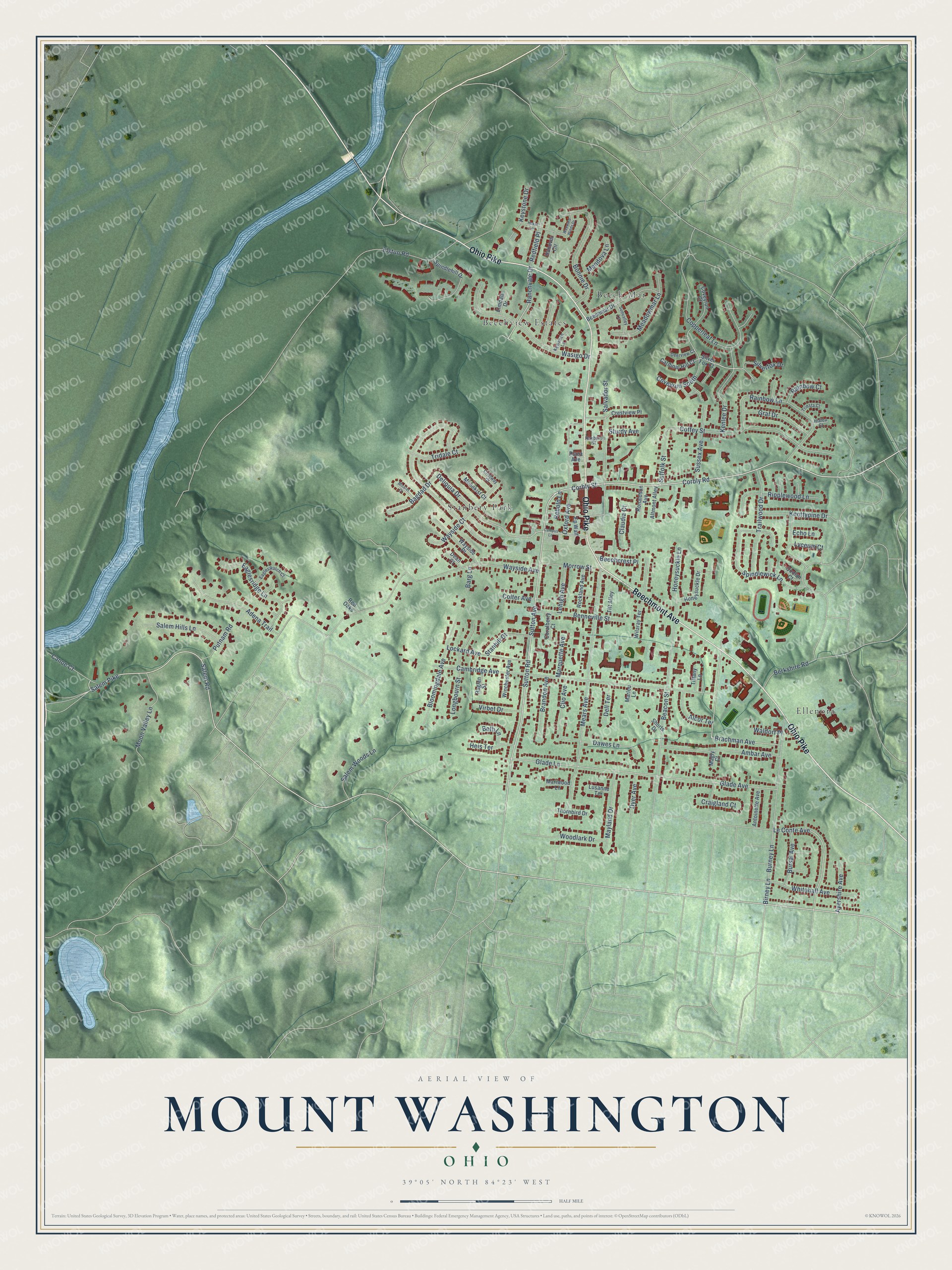 Full map of Mount Washington, Ohio, with red buildings, printed street names and the land around them