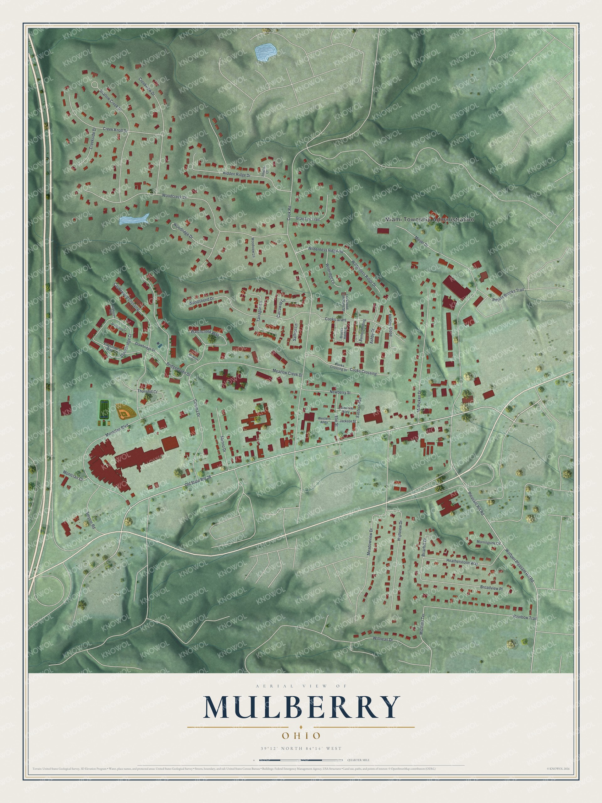 Full map of Mulberry, Ohio, with red buildings, printed street names and the land around them