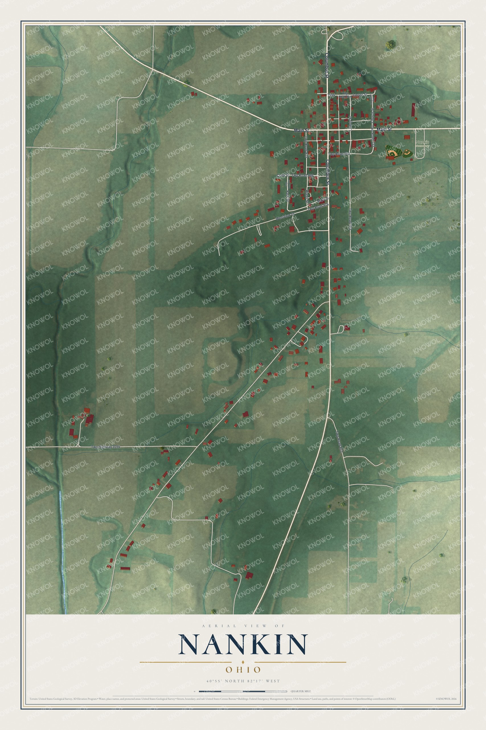 Full map of Nankin, Ohio, with red buildings, printed street names and the land around them