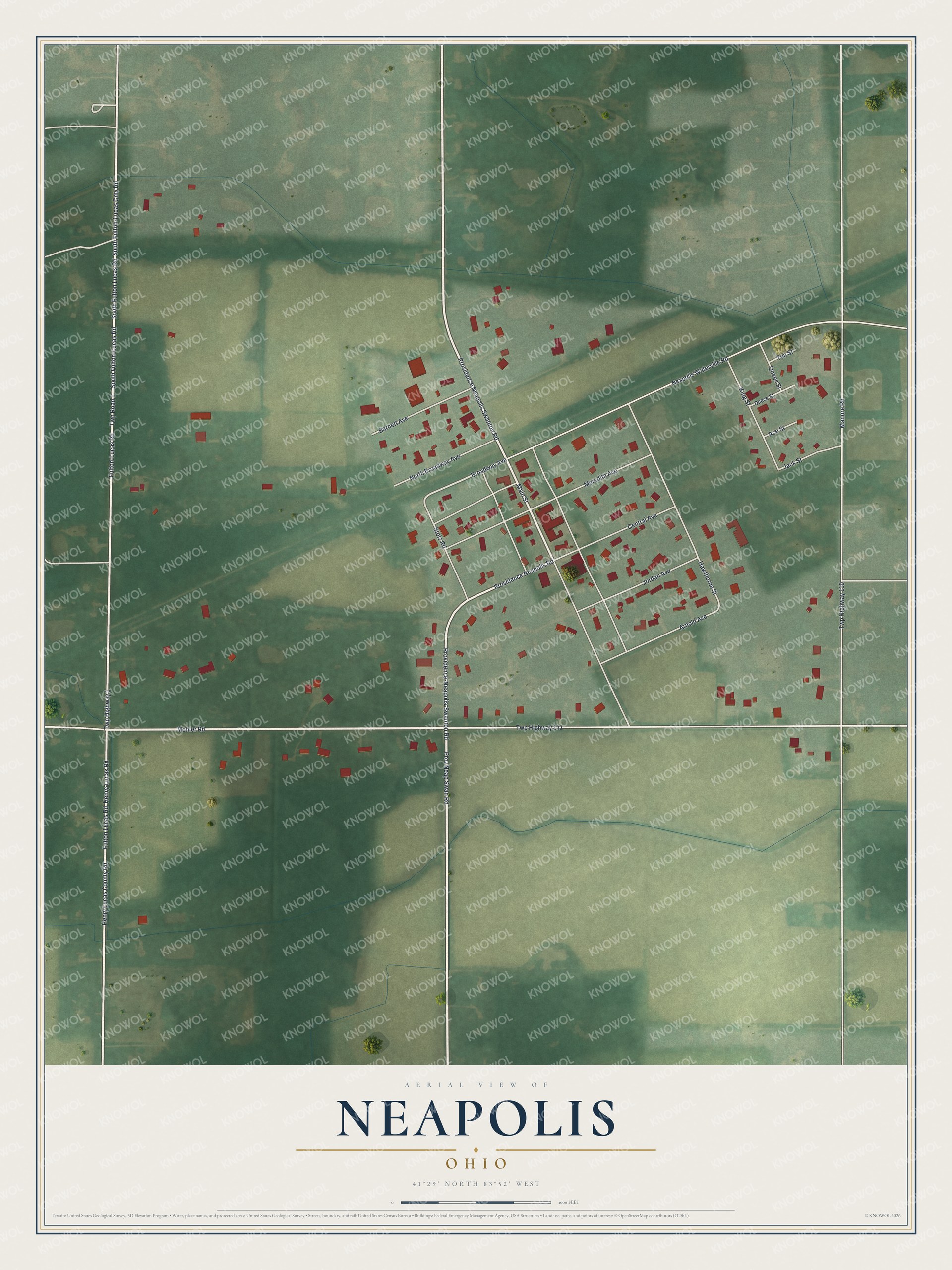 Full map of Neapolis, Ohio, with red buildings, printed street names and the land around them