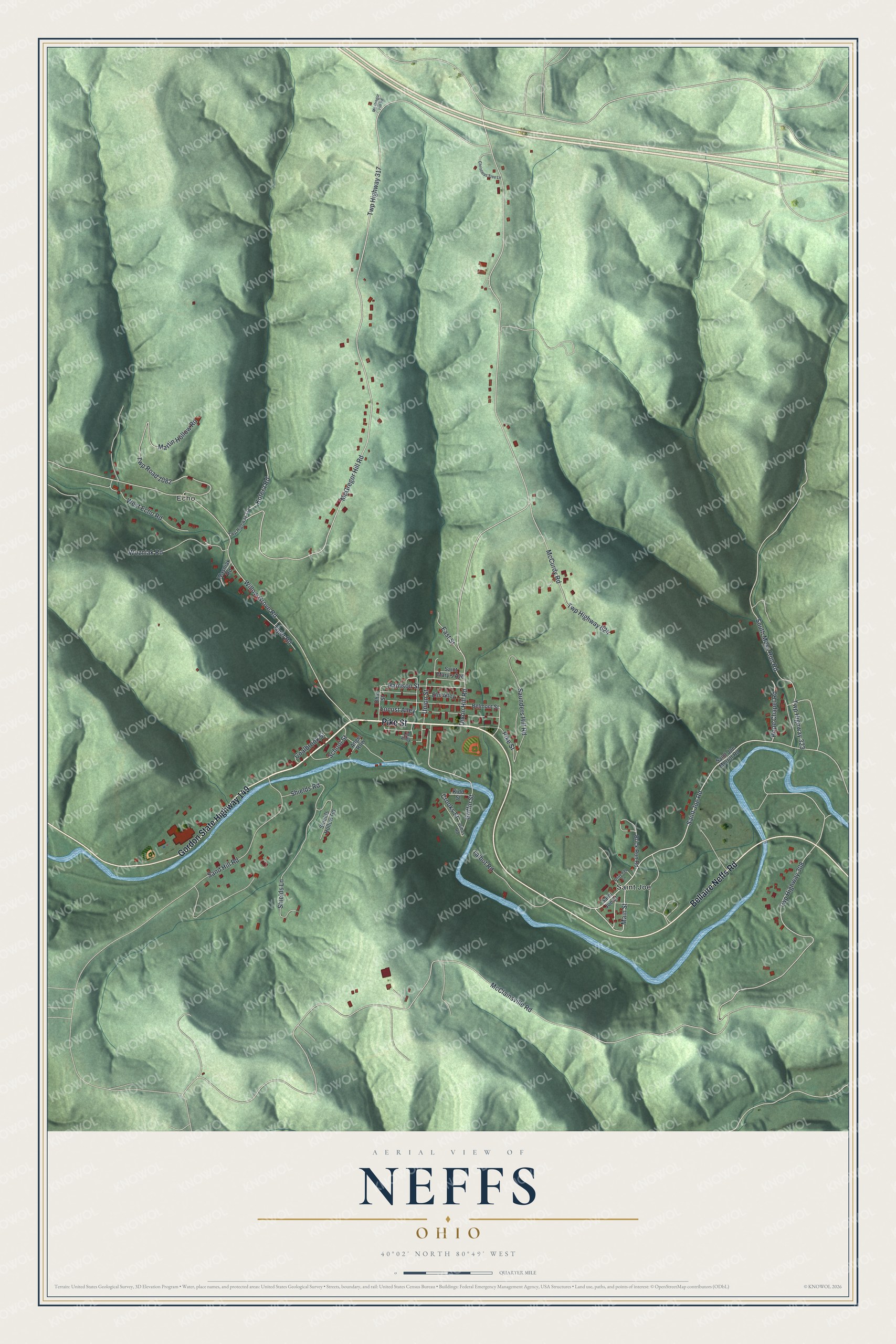 Full map of Neffs, Ohio, with red buildings, printed street names and the land around them