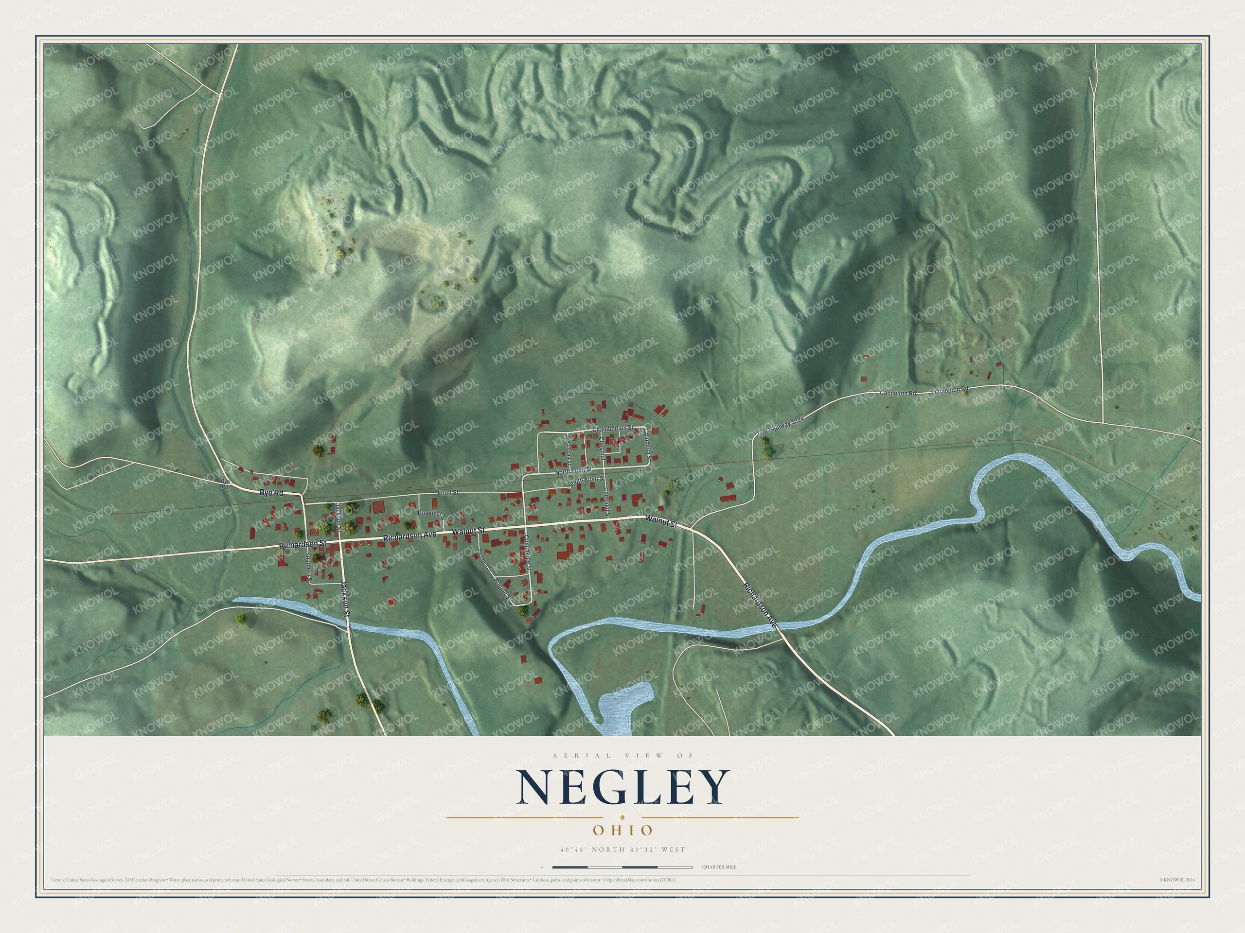 Full map of Negley, Ohio, with red buildings, printed street names and the land around them