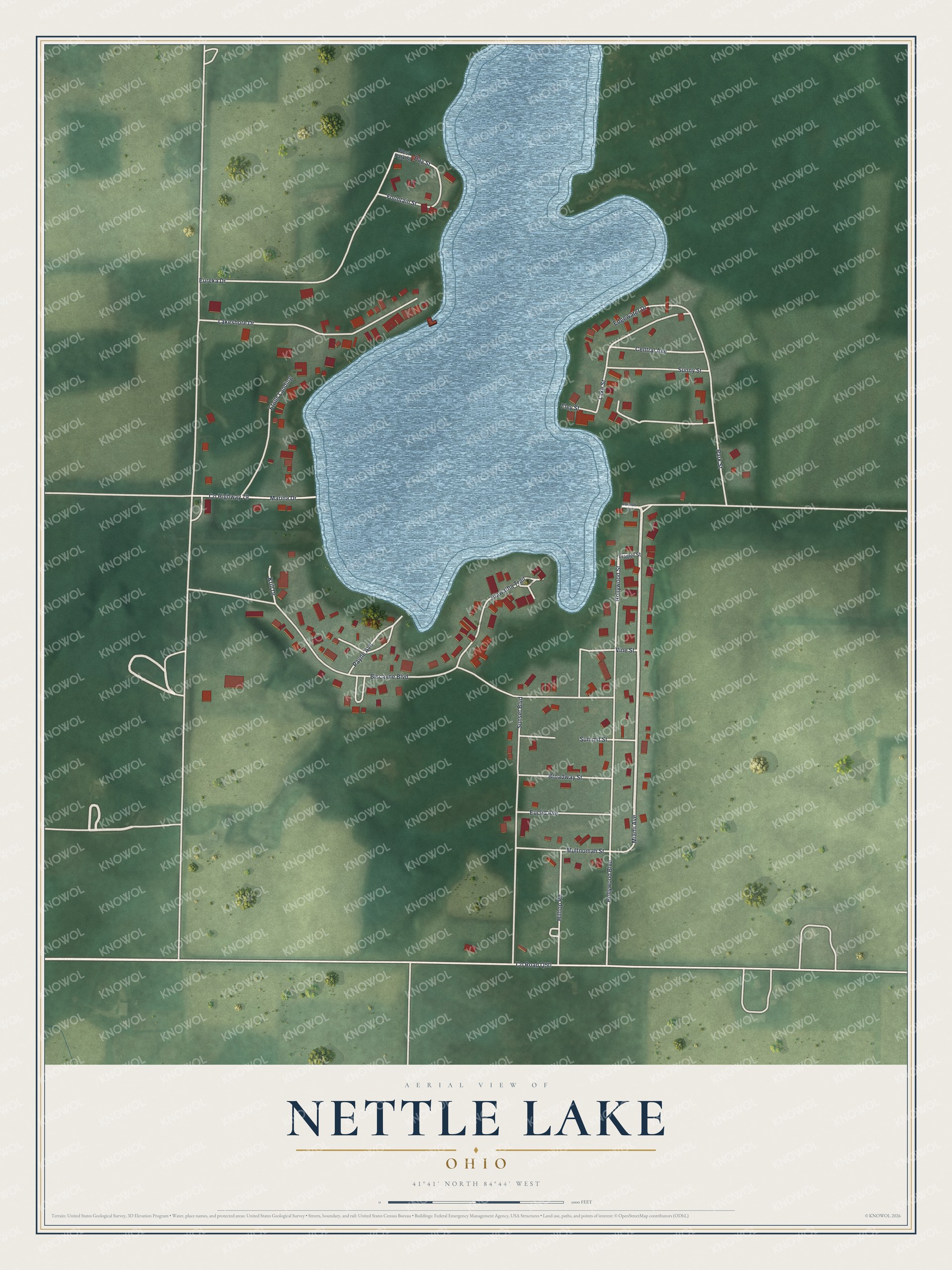 Full map of Nettle Lake, Ohio, with red buildings, printed street names and the land around them