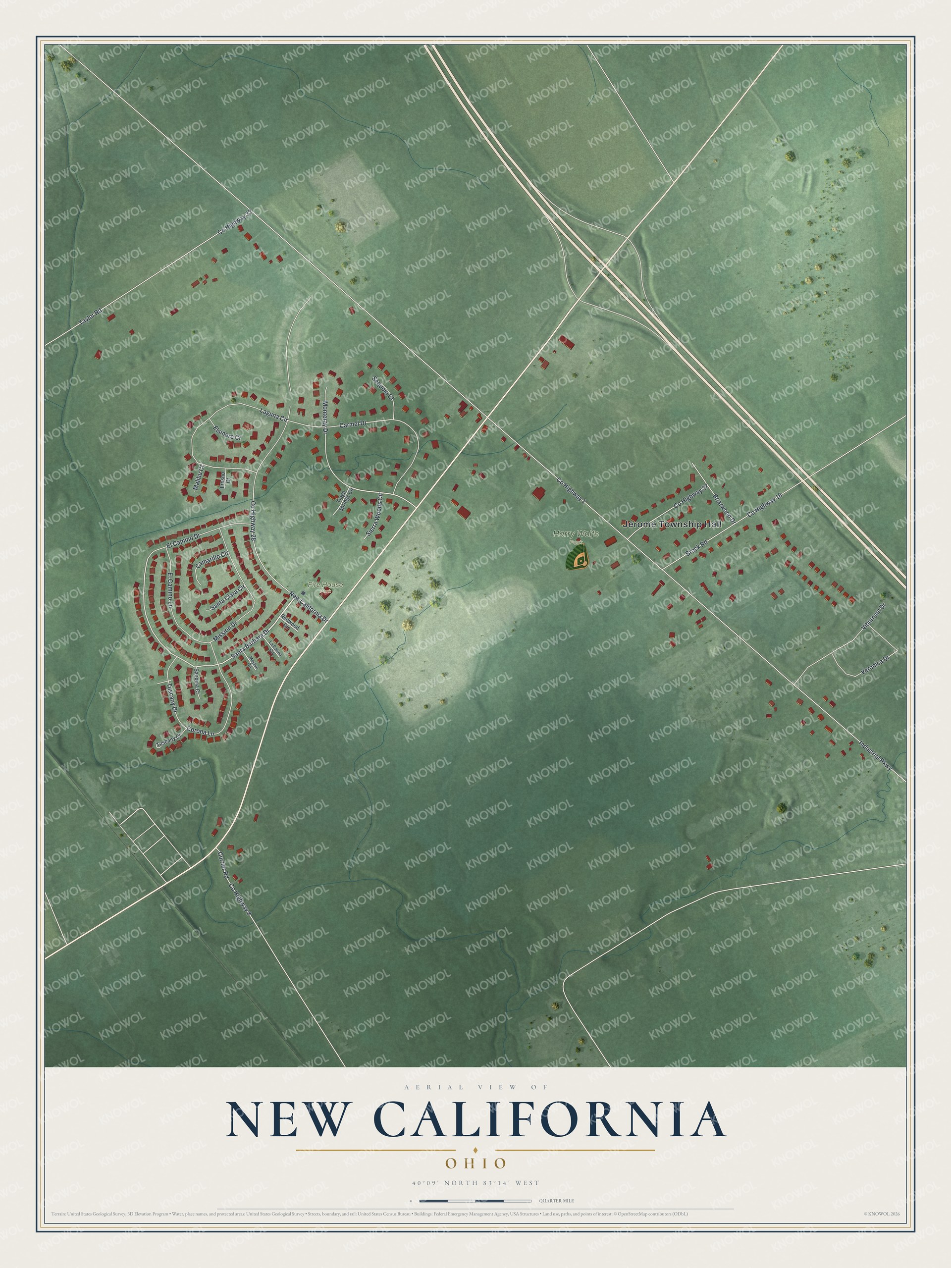 Full map of New California, Ohio, with red buildings, printed street names and the land around them