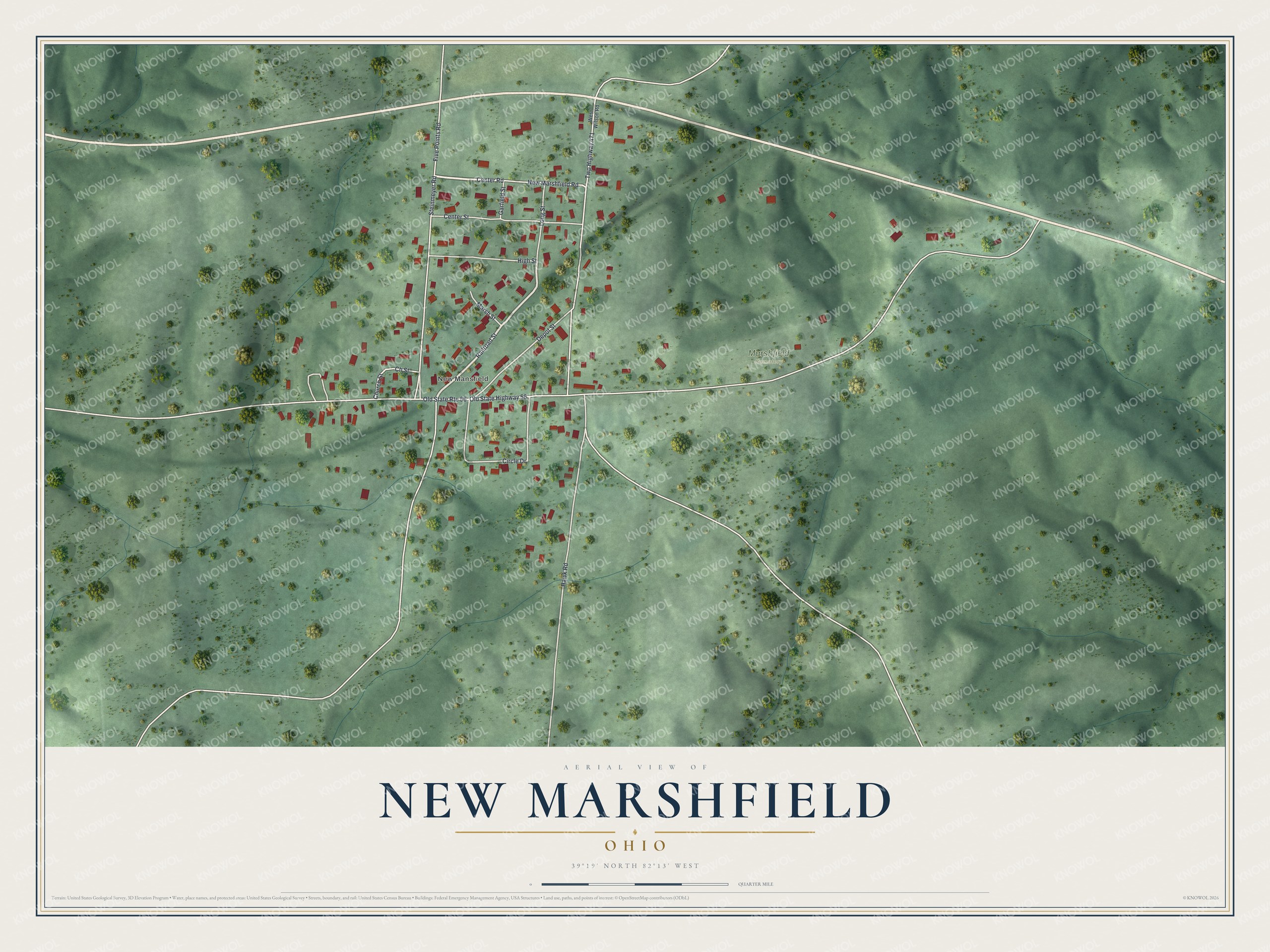 Full map of New Marshfield, Ohio, with red buildings, printed street names and the land around them