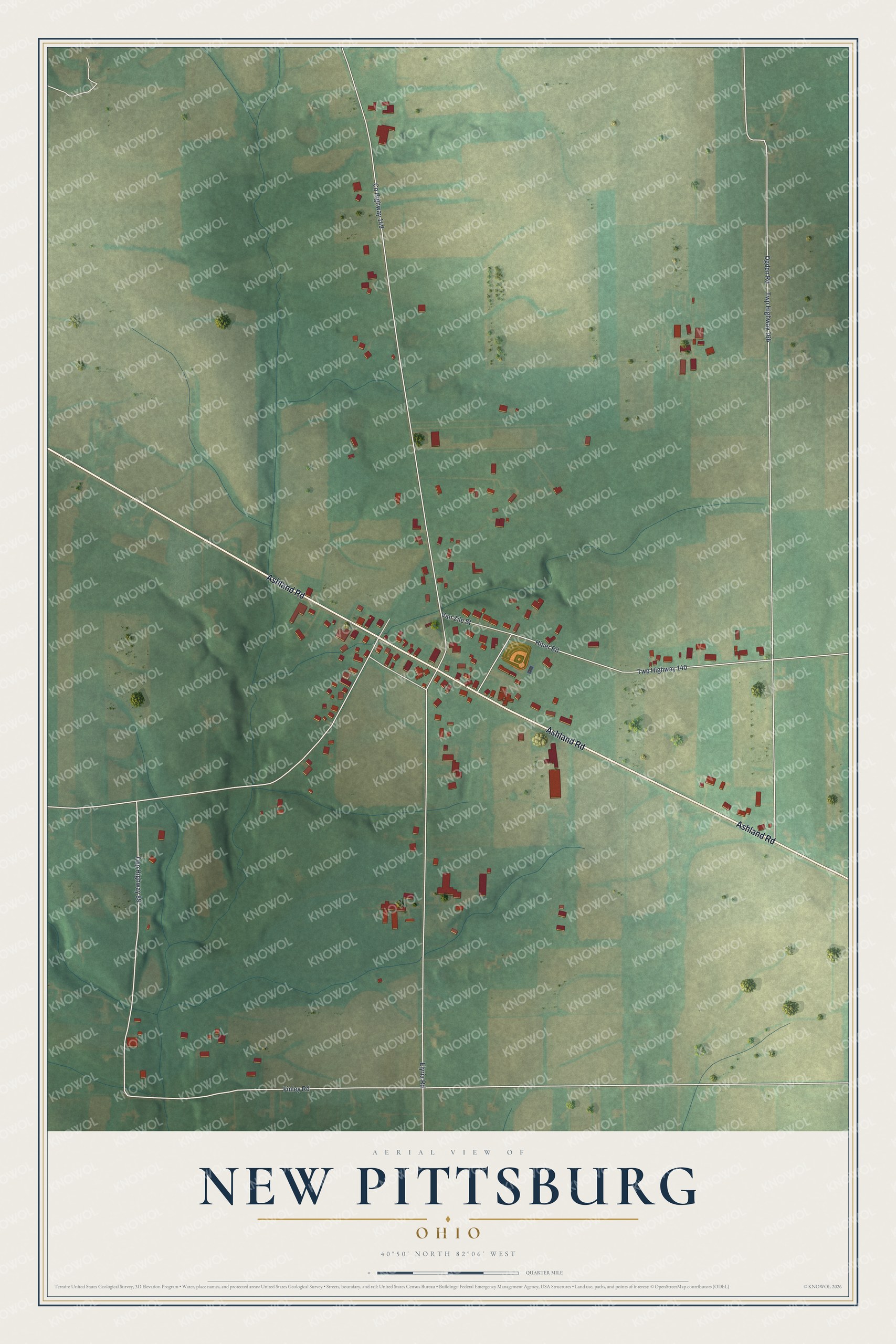 Full map of New Pittsburg, Ohio, with red buildings, printed street names and the land around them