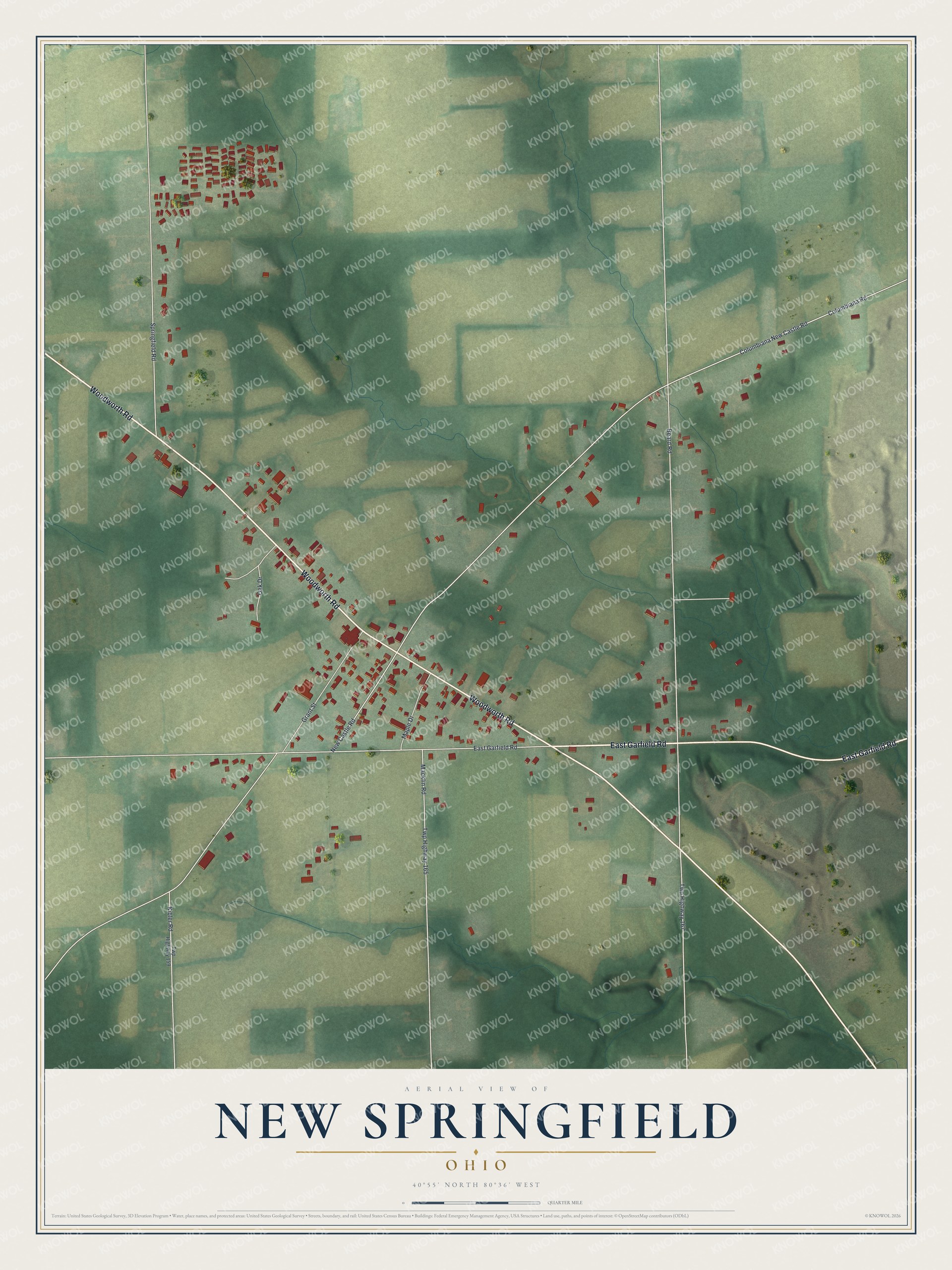 Full map of New Springfield, Ohio, with red buildings, printed street names and the land around them