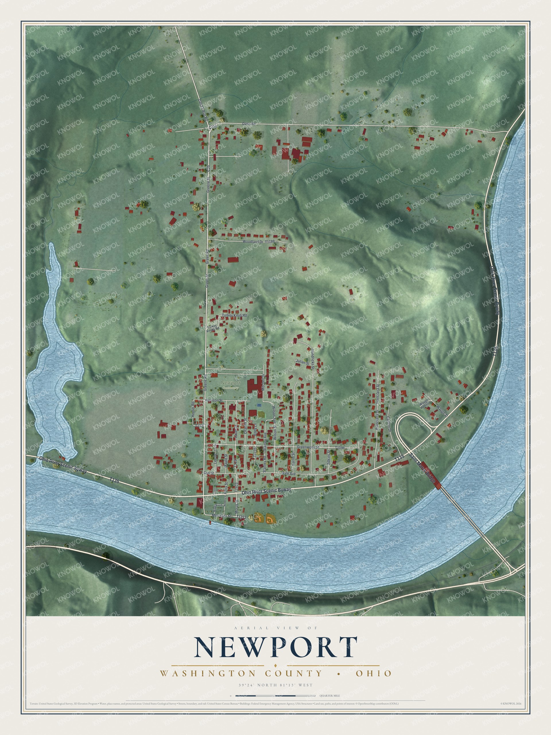 Full map of Newport, Ohio, with red buildings, printed street names and the land around them