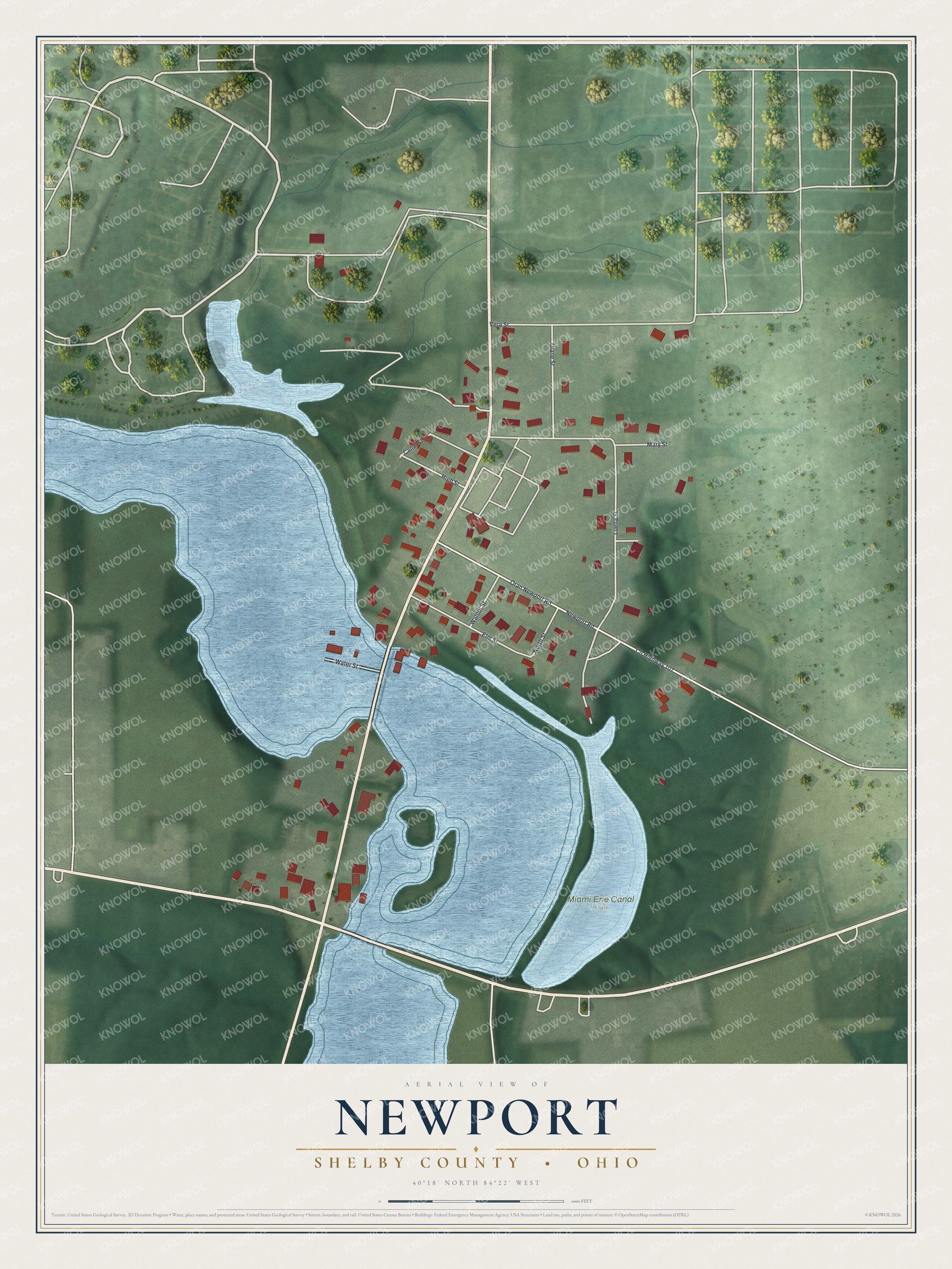 Full map of Newport, Ohio, with red buildings, printed street names and the land around them