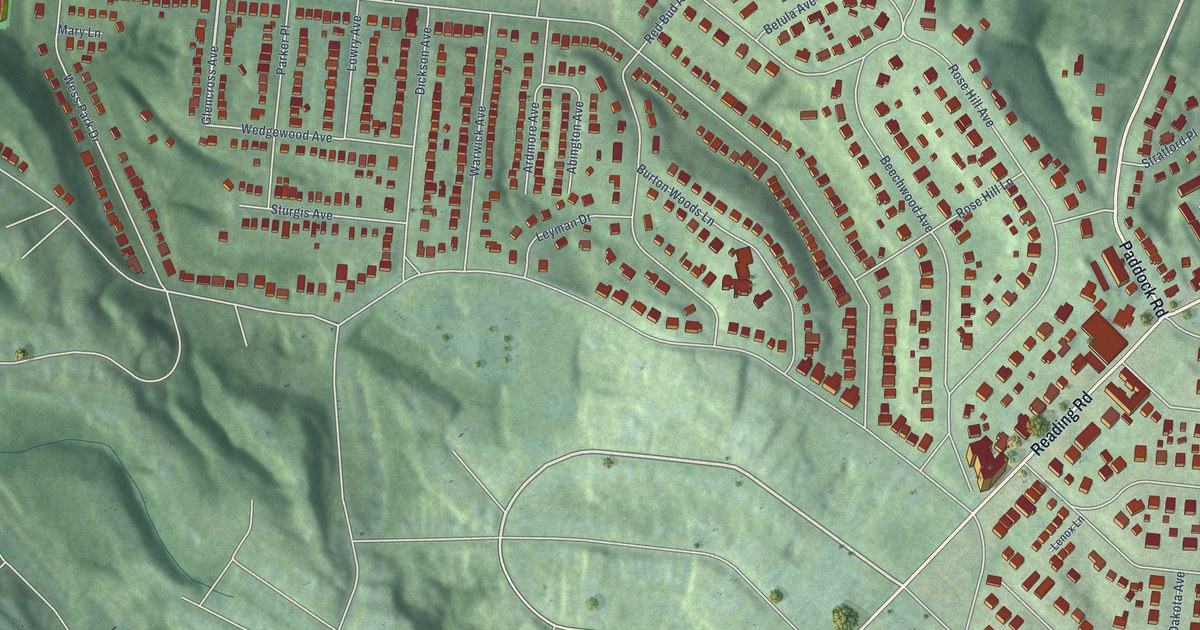 Close-up of streets and buildings in North Avondale, Ohio