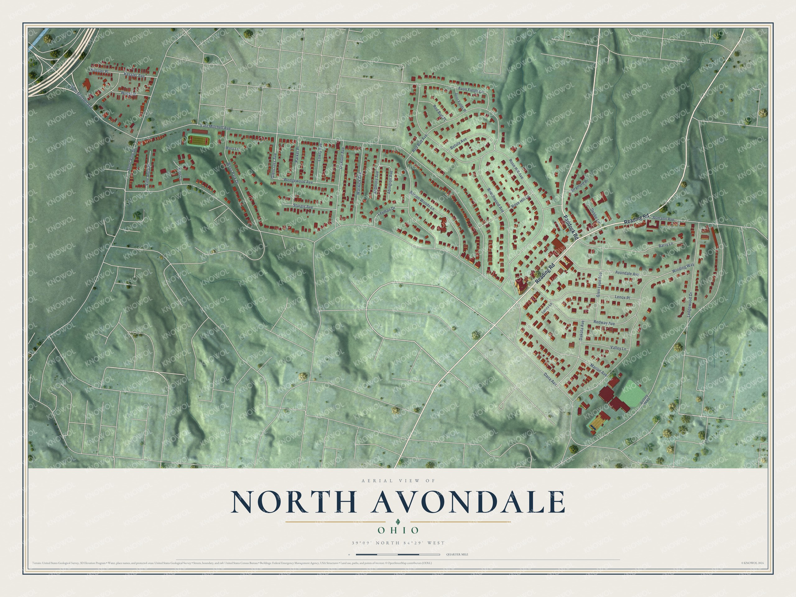Full map of North Avondale, Ohio, with red buildings, printed street names and the land around them