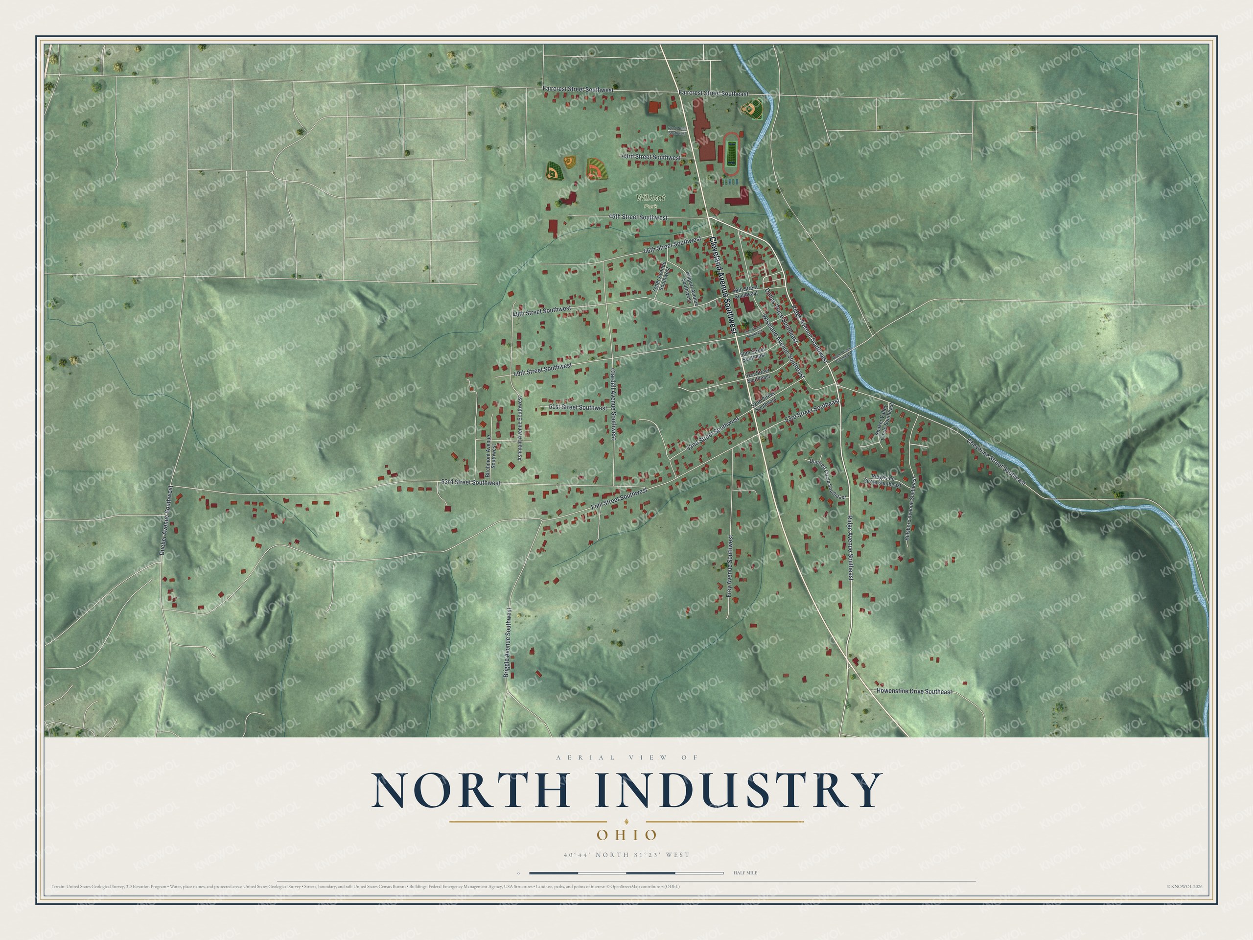 Full map of North Industry, Ohio, with red buildings, printed street names and the land around them