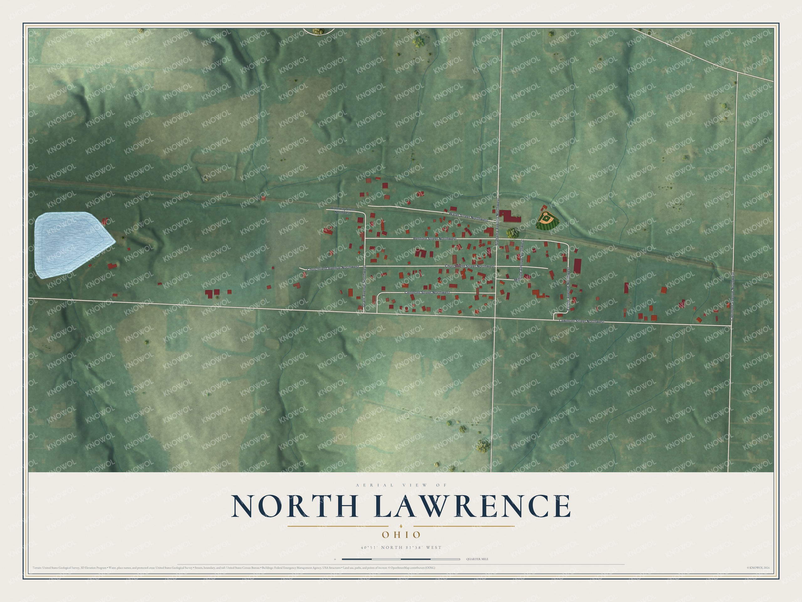 Full map of North Lawrence, Ohio, with red buildings, printed street names and the land around them
