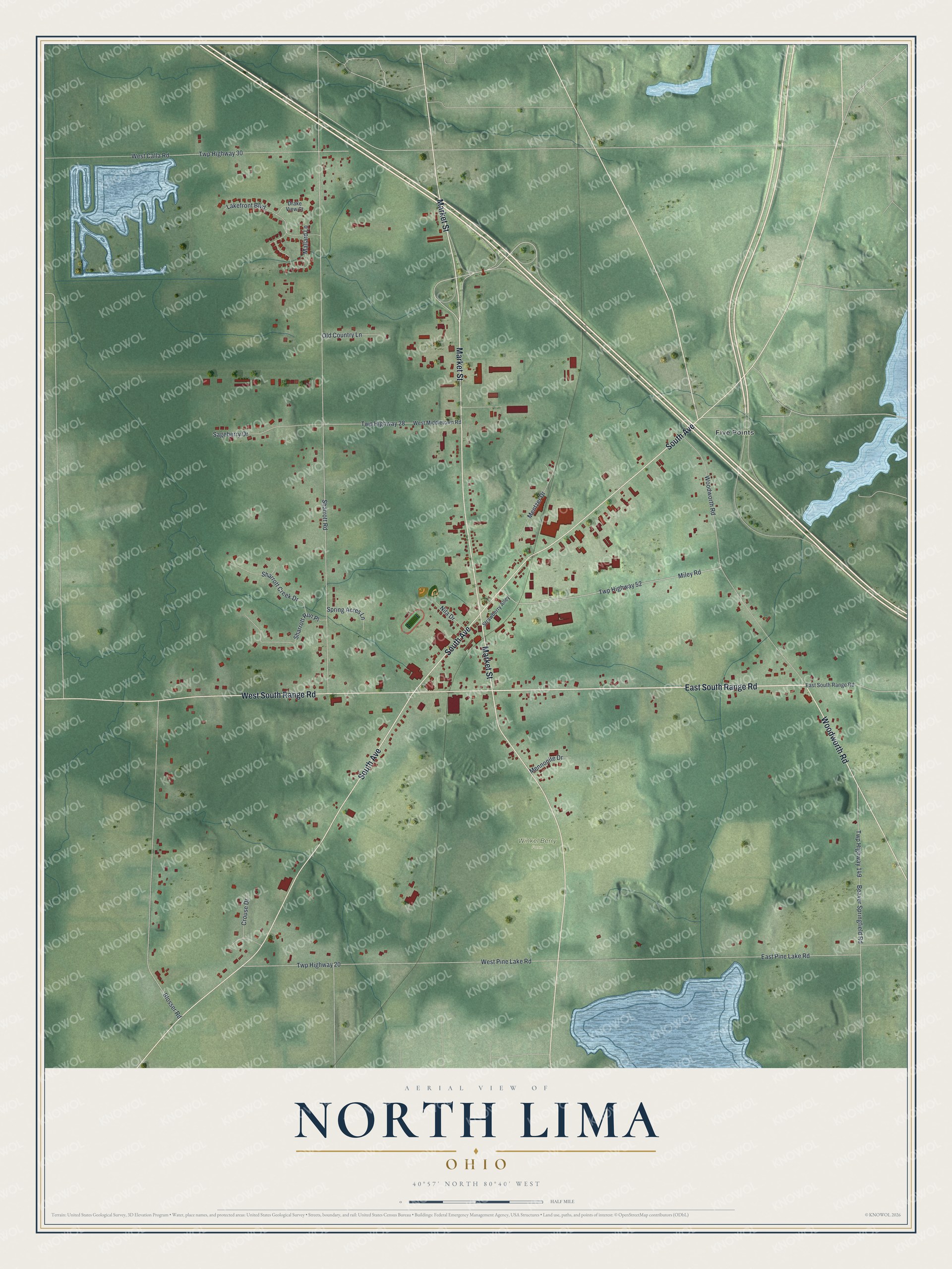Full map of North Lima, Ohio, with red buildings, printed street names and the land around them