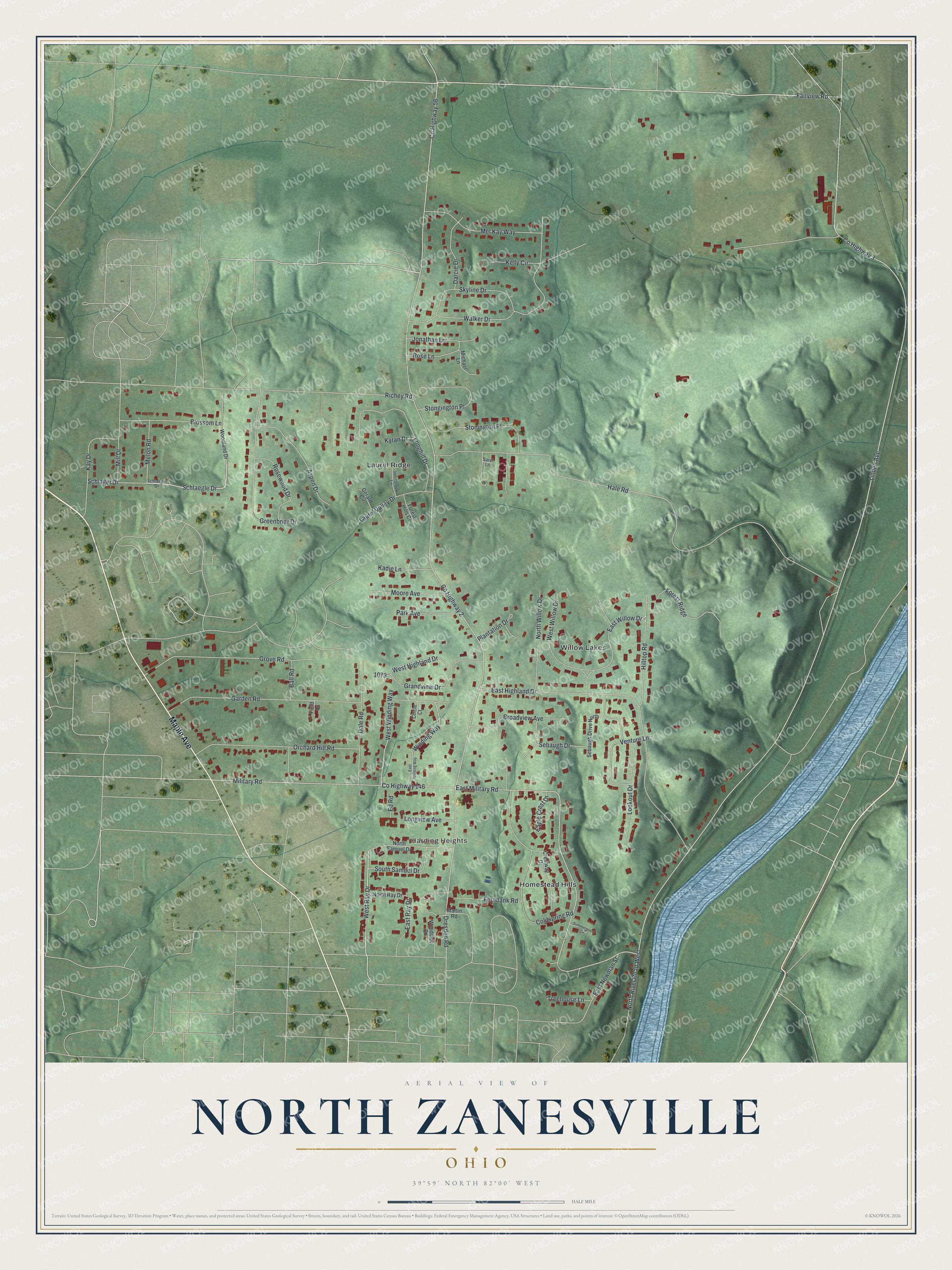 Full map of North Zanesville, Ohio, with red buildings, printed street names and the land around them