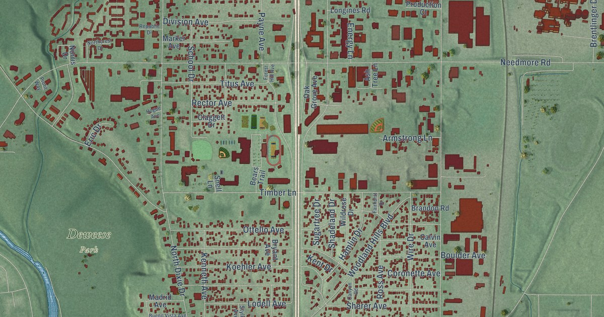 Close-up of streets and buildings in Northridge, Montgomery County, Ohio