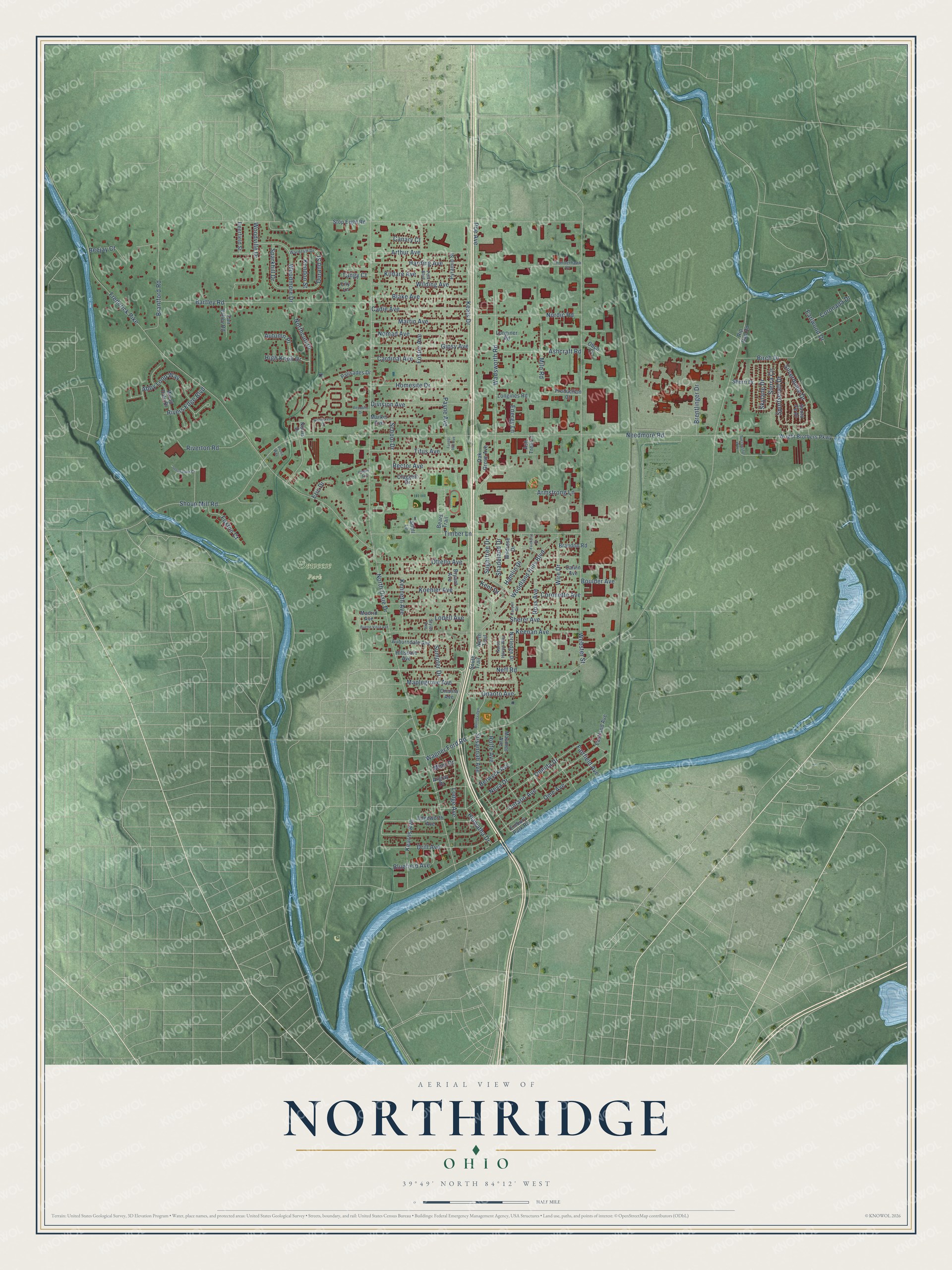 Full map of Northridge, Ohio, with red buildings, printed street names and the land around them