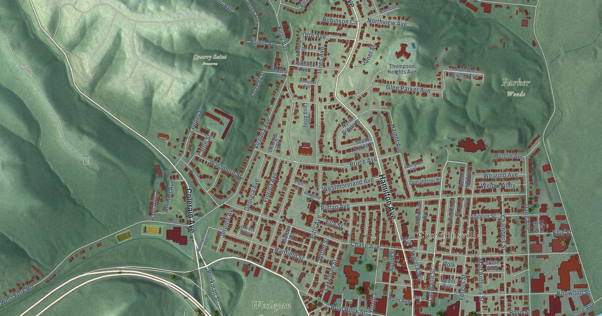 Close-up of streets and buildings in Northside, Ohio