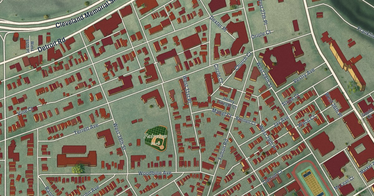 Close-up of streets and buildings in Ohio City, Cleveland, Ohio