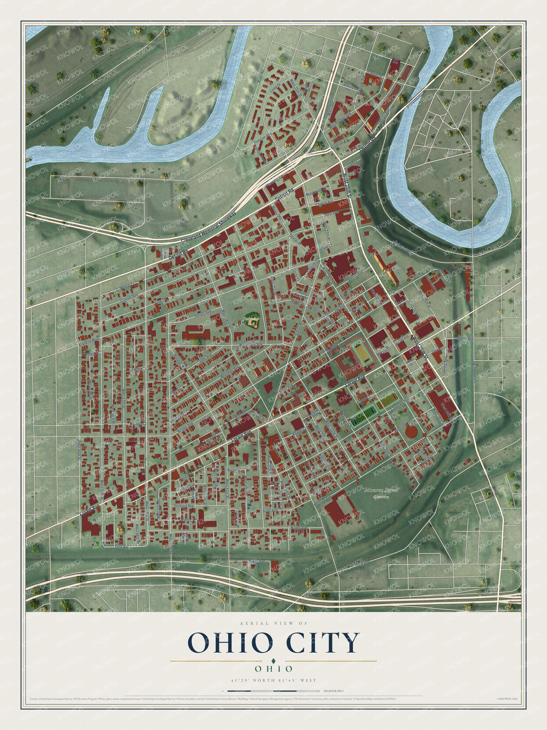 Full map of Ohio City, Ohio, with red buildings, printed street names and the land around them