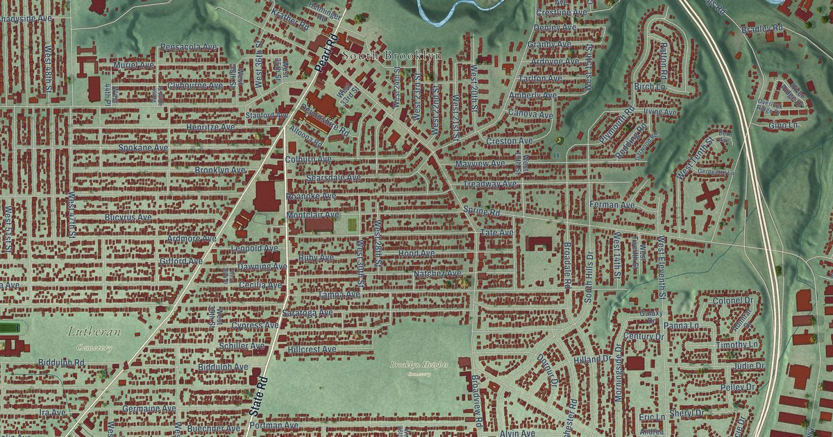 Close-up of streets and buildings in Old Brooklyn, Ohio