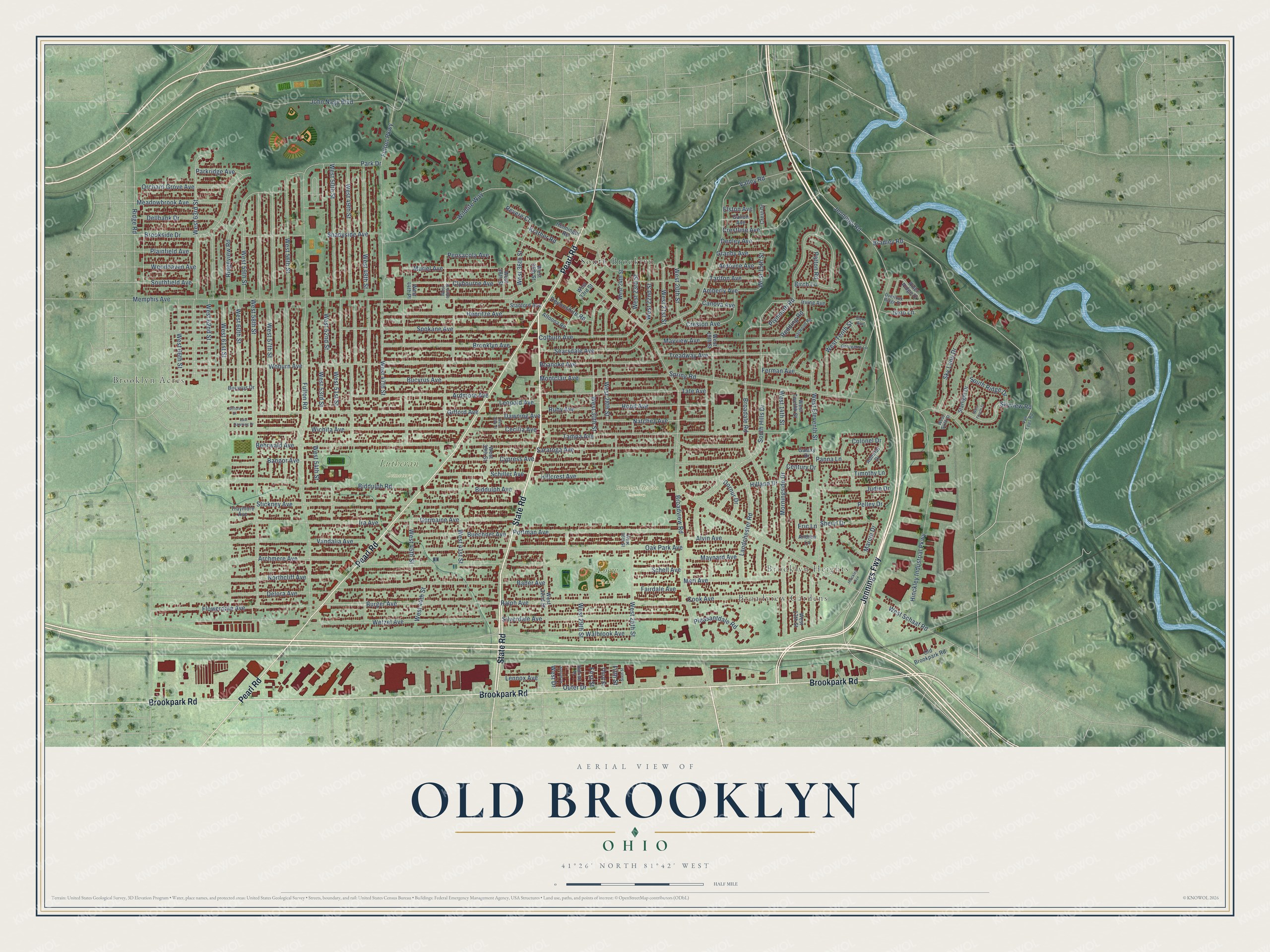 Full map of Old Brooklyn, Ohio, with red buildings, printed street names and the land around them