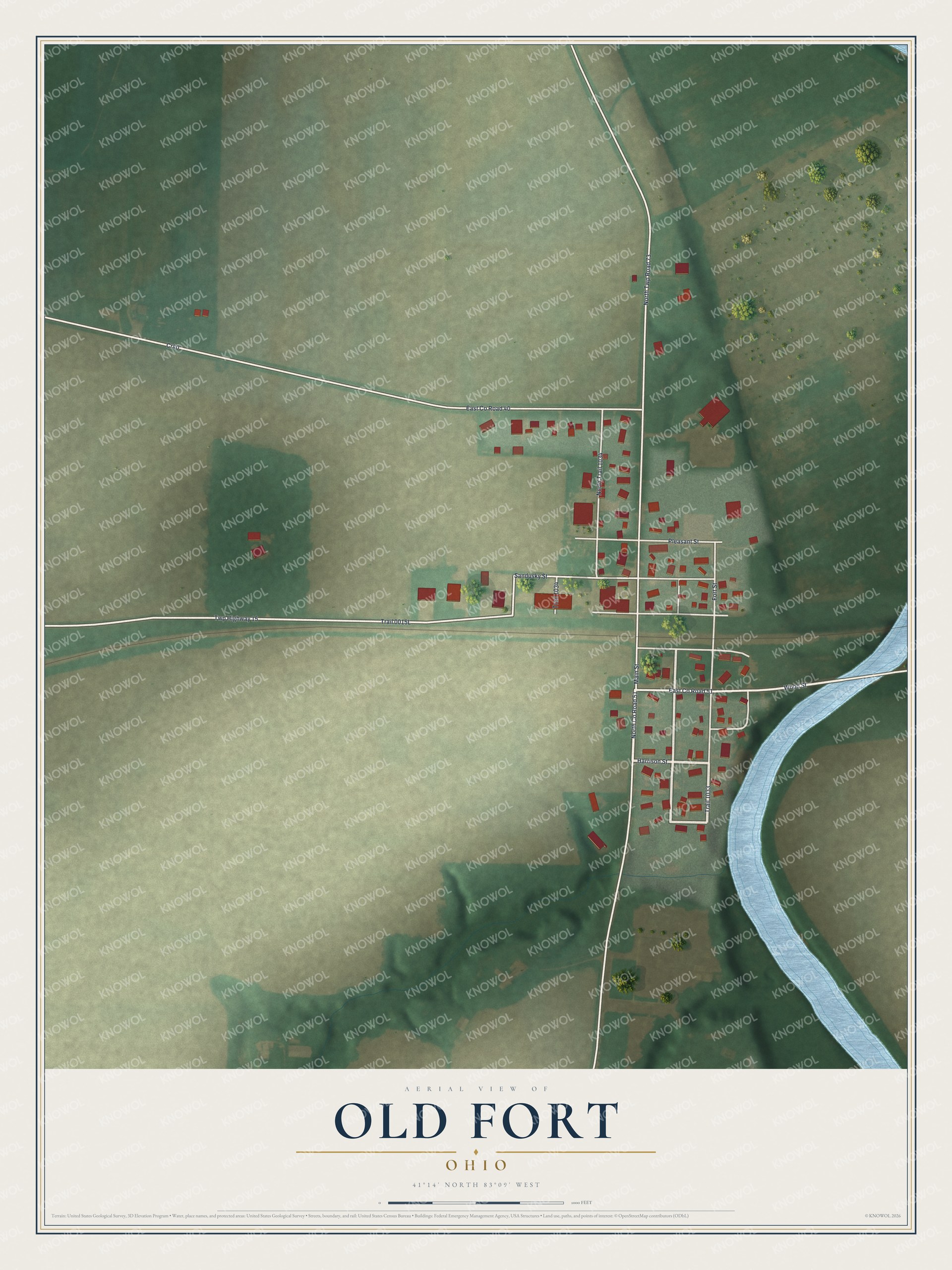Full map of Old Fort, Ohio, with red buildings, printed street names and the land around them