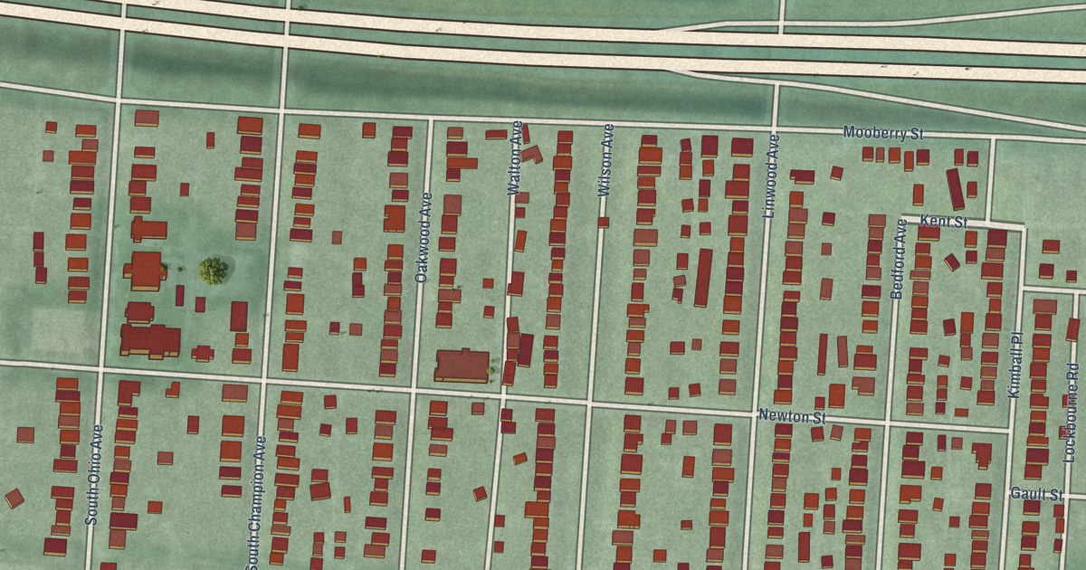 Close-up of streets and buildings in Old Oaks, Ohio