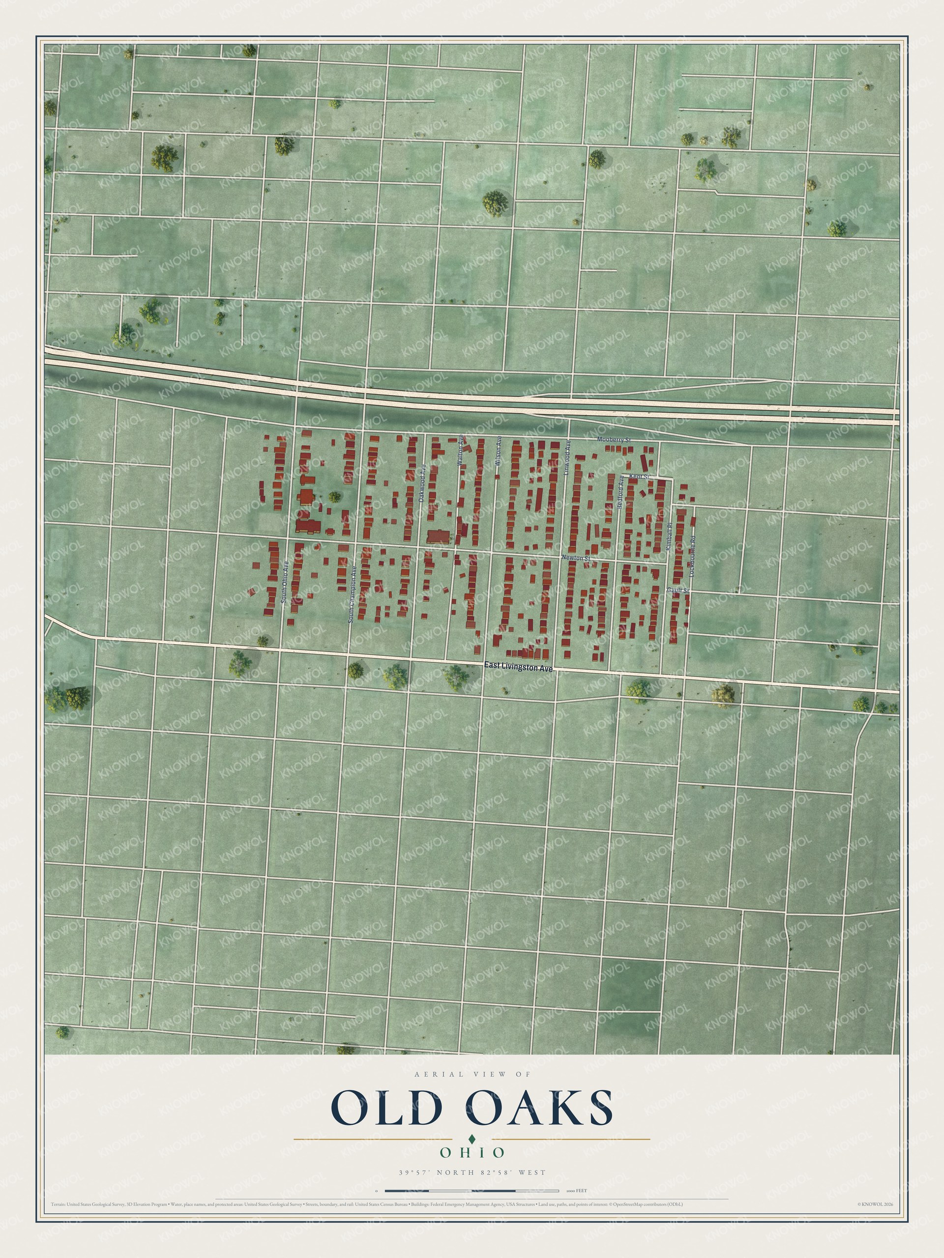 Full map of Old Oaks, Ohio, with red buildings, printed street names and the land around them