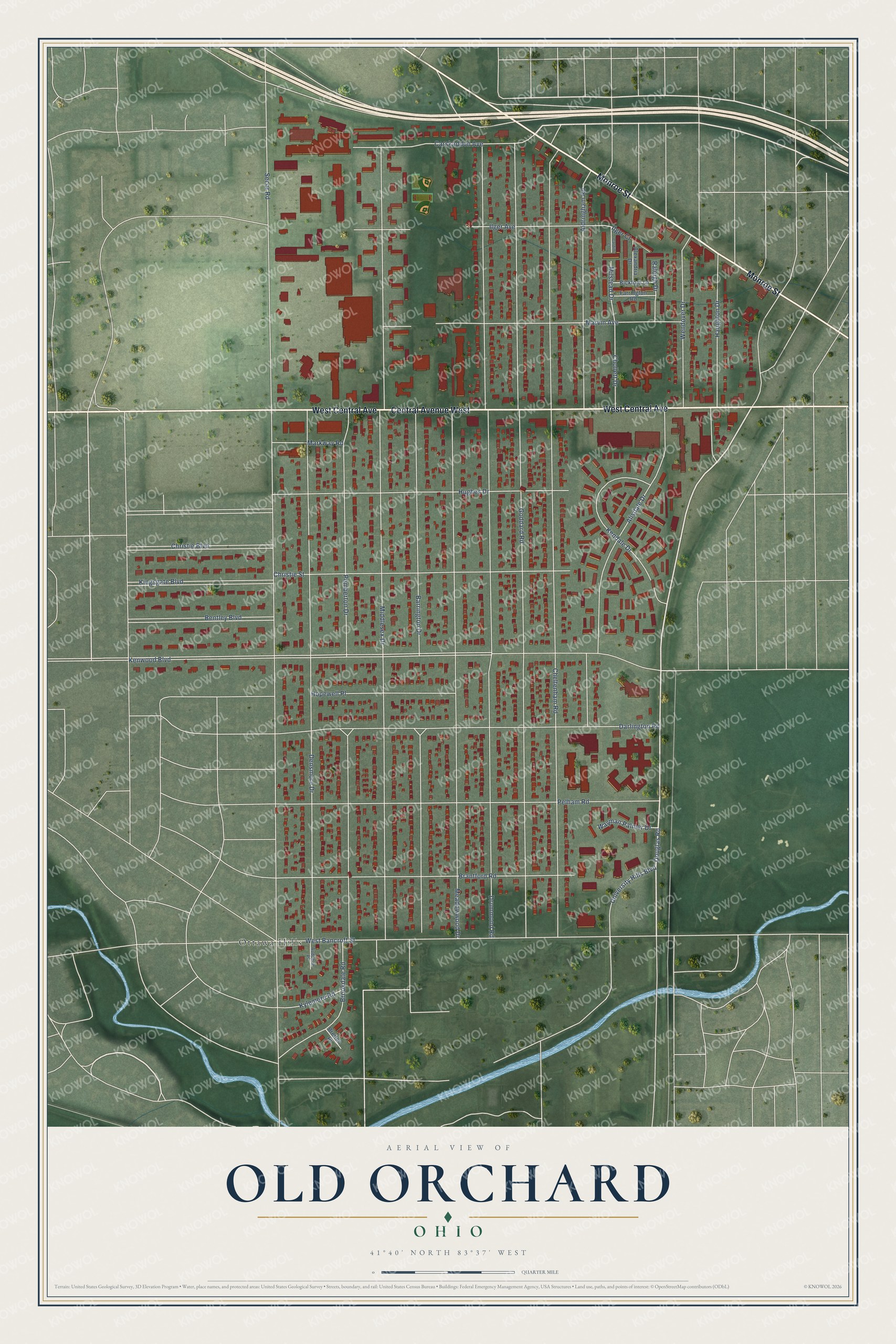 Full map of Old Orchard, Ohio, with red buildings, printed street names and the land around them