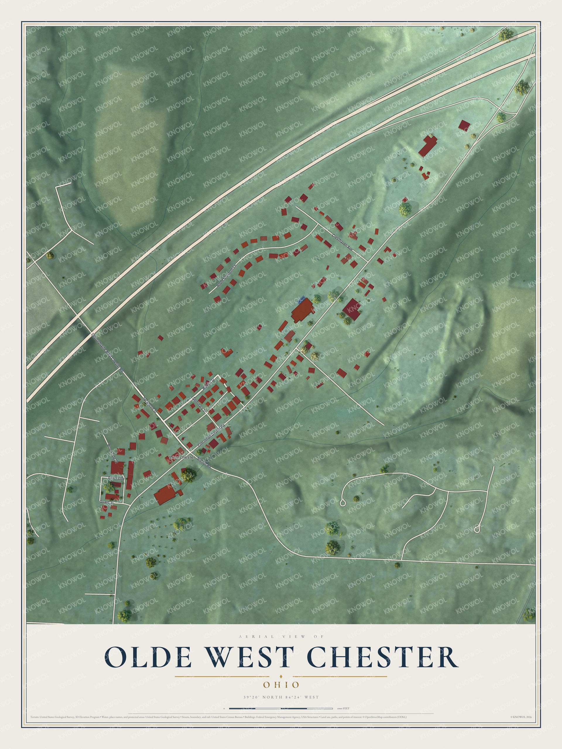 Full map of Olde West Chester, Ohio, with red buildings, printed street names and the land around them