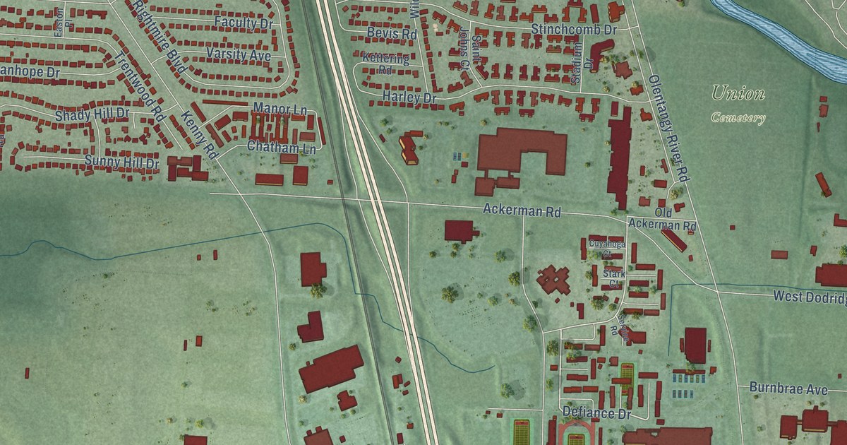 Close-up of streets and buildings in Olentangy West, Ohio