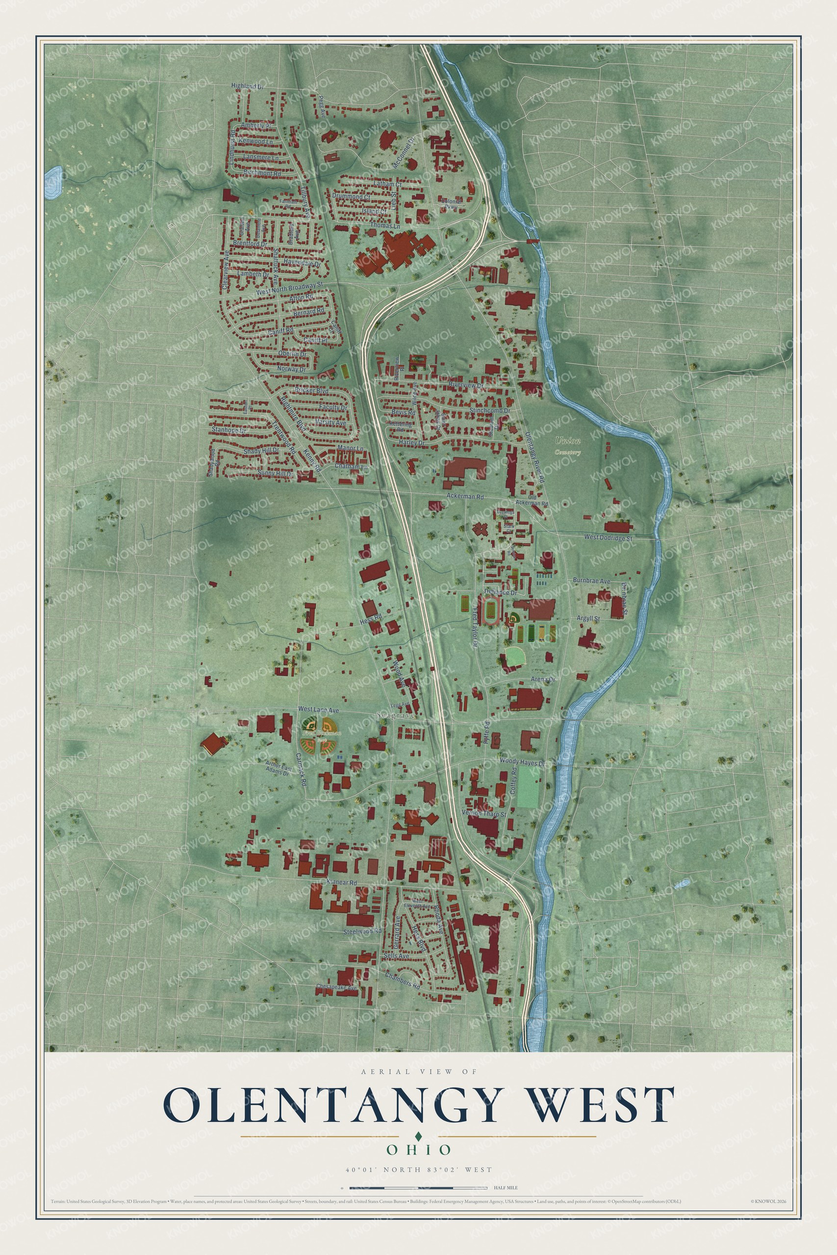 Full map of Olentangy West, Ohio, with red buildings, printed street names and the land around them