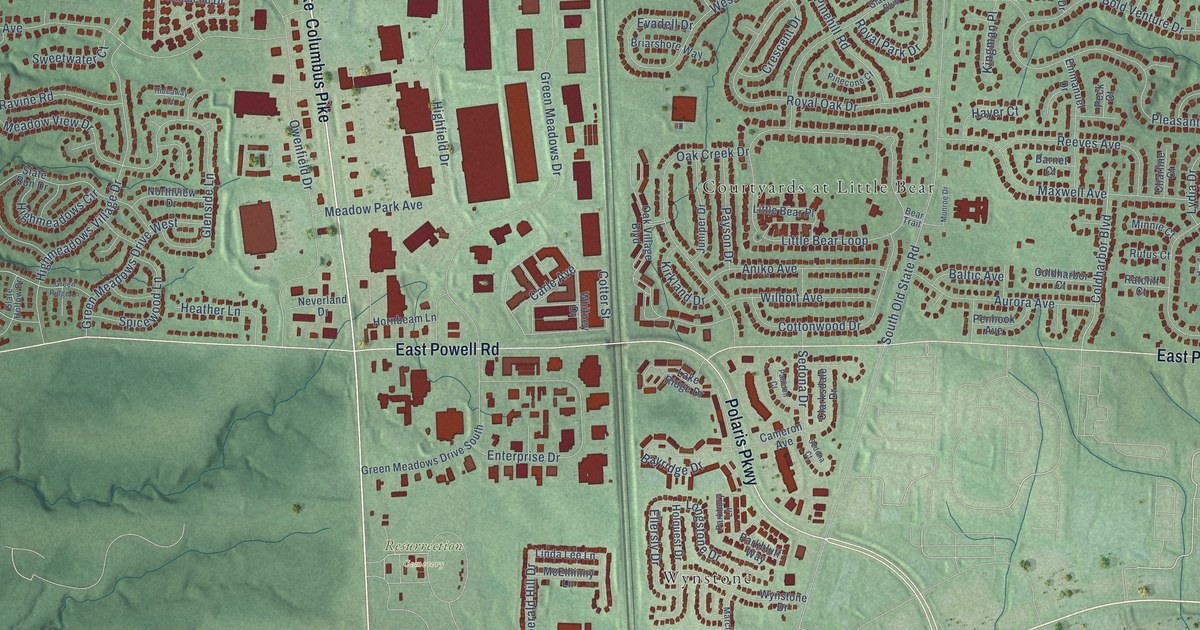 Close-up of streets and buildings in Orange, Delaware County, Ohio
