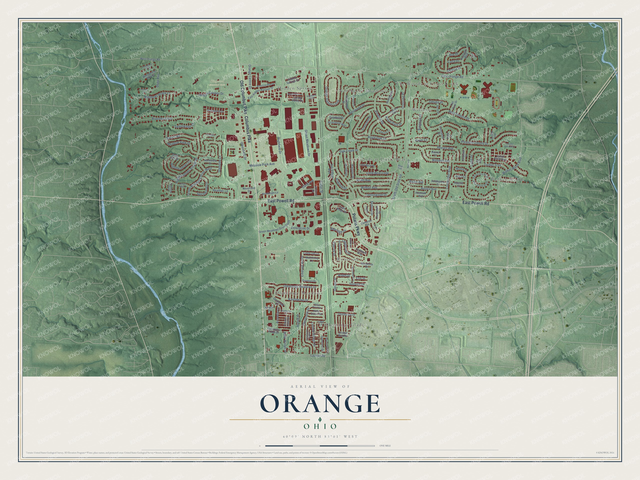 Full map of Orange, Ohio, with red buildings, printed street names and the land around them
