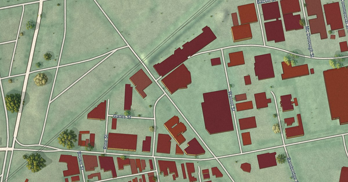 Close-up of streets and buildings in Oregon District, Ohio