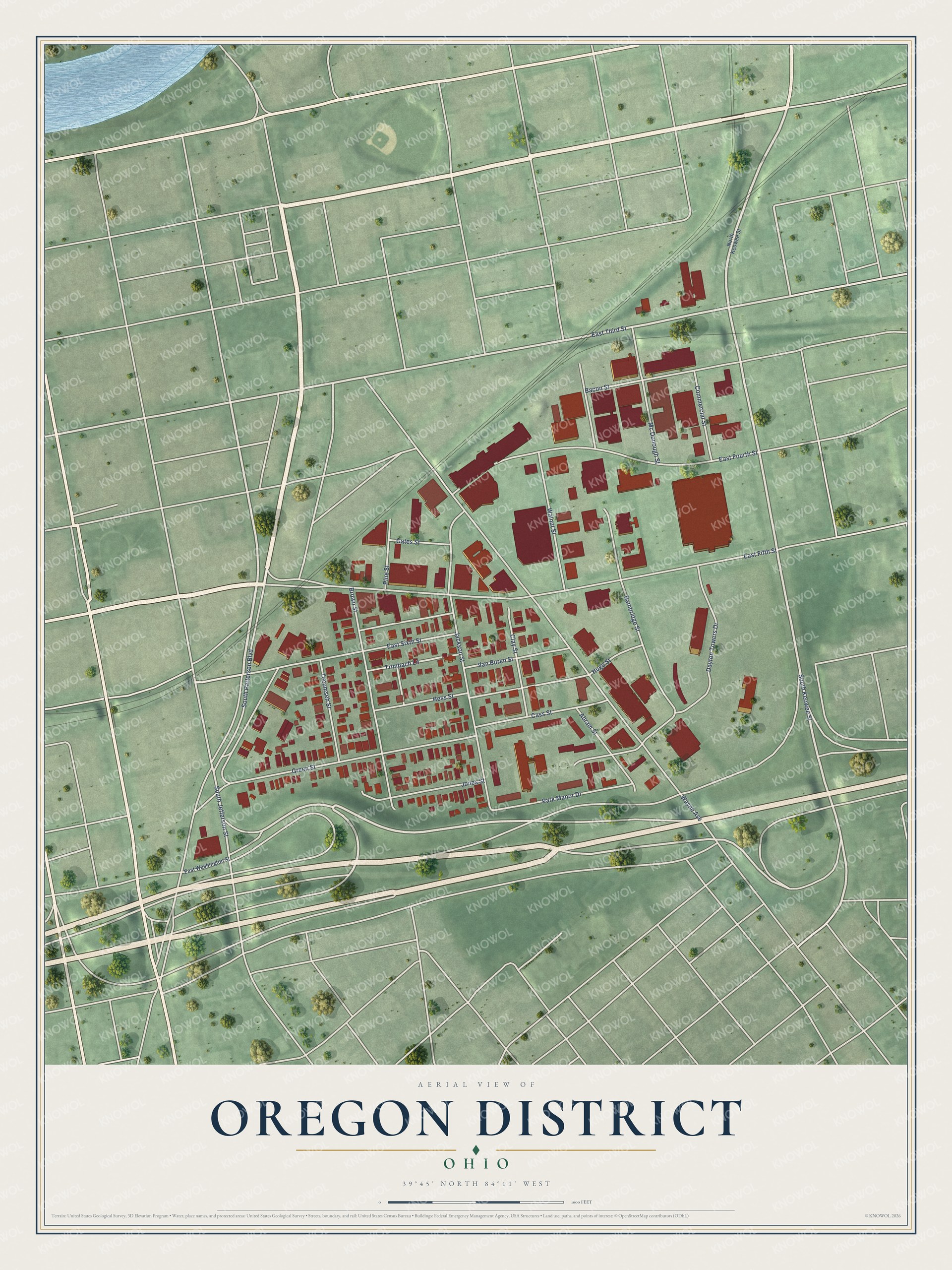 Full map of Oregon District, Ohio, with red buildings, printed street names and the land around them
