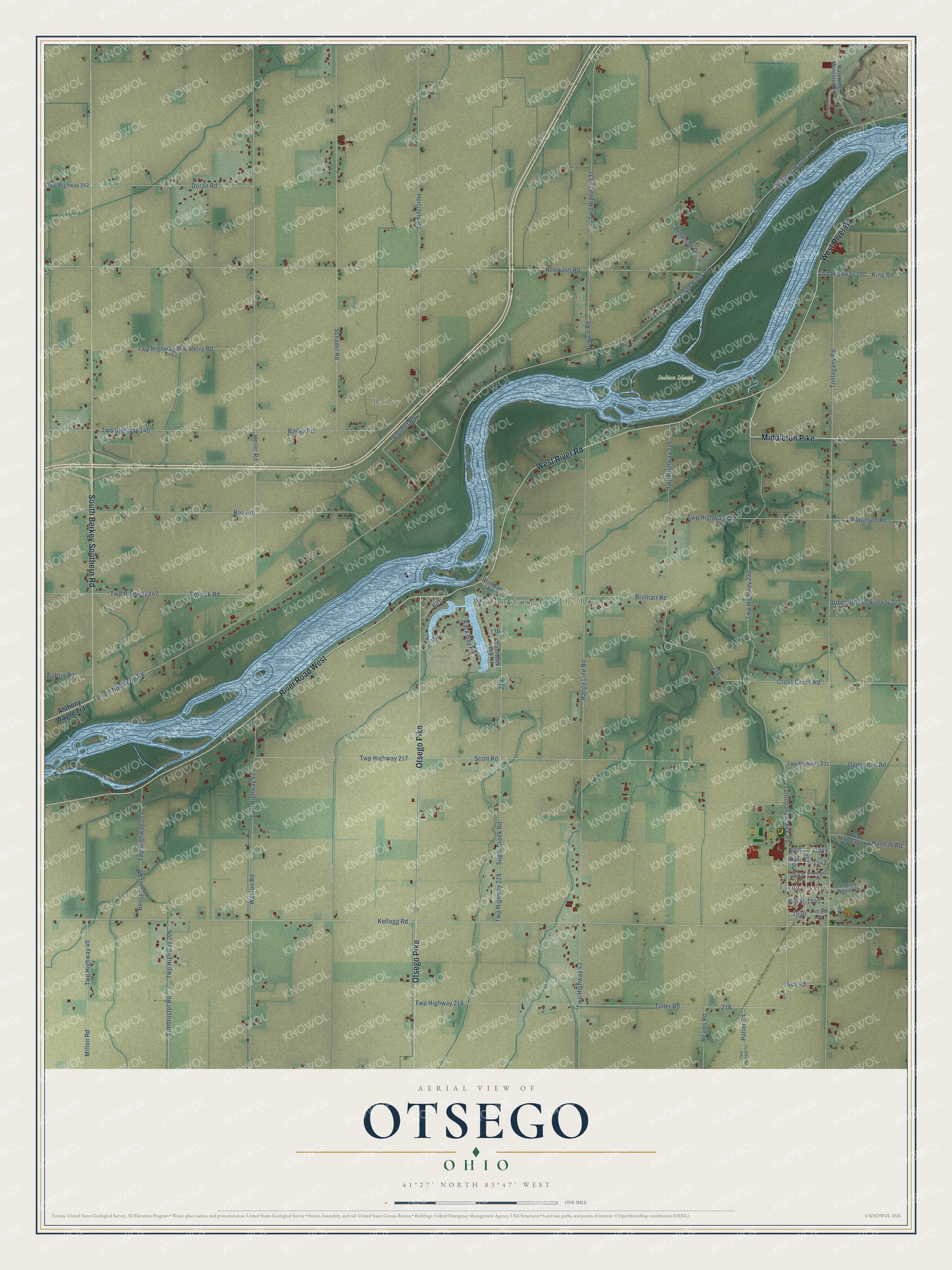 Full map of Otsego, Ohio, with red buildings, printed street names and the land around them