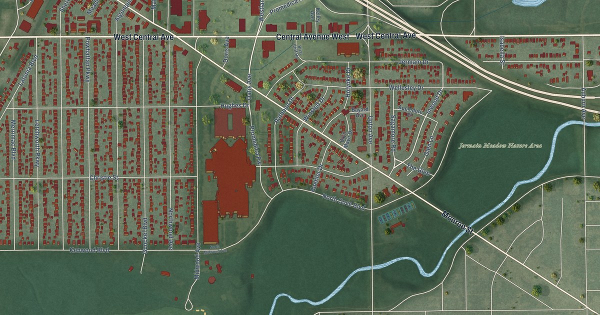 Close-up of streets and buildings in Ottawa, Toledo, Ohio