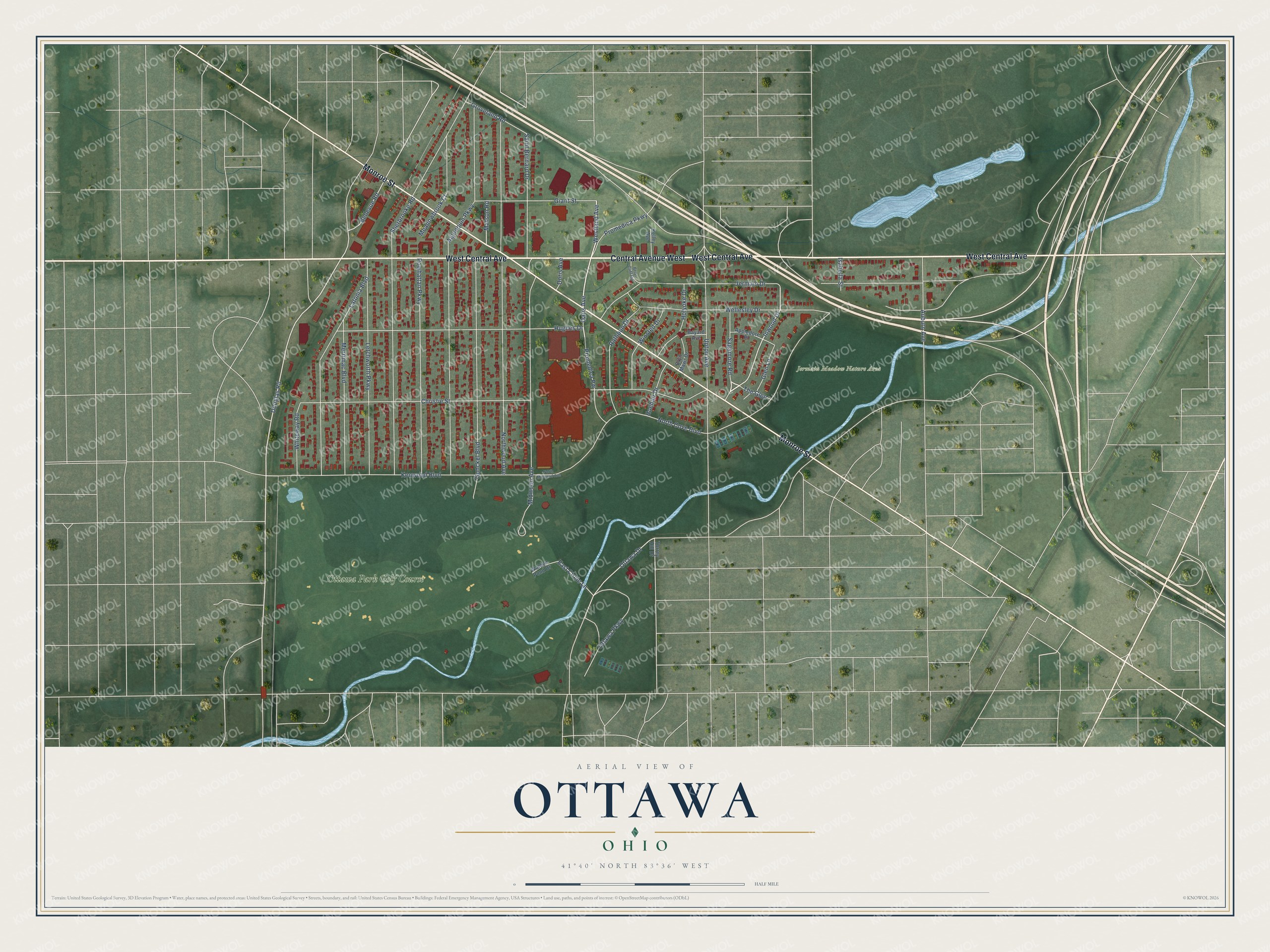 Full map of Ottawa, Ohio, with red buildings, printed street names and the land around them