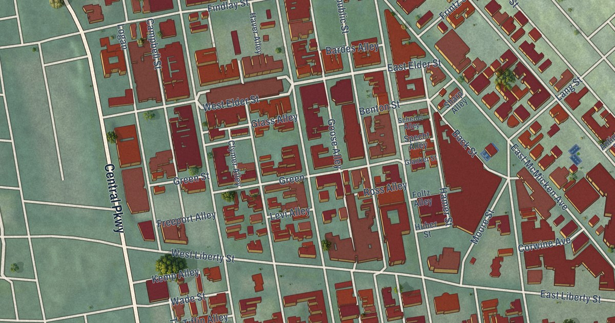 Close-up of streets and buildings in Over-the-Rhine, Ohio