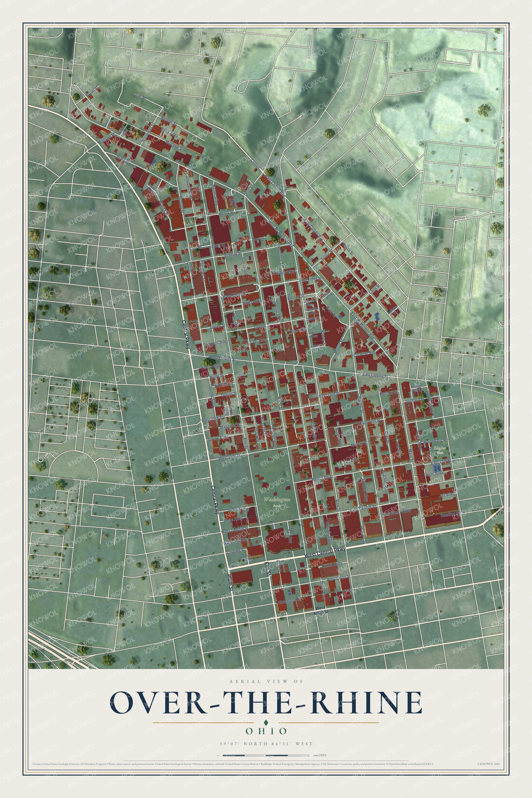 Full map of Over-the-Rhine, Ohio, with red buildings, printed street names and the land around them
