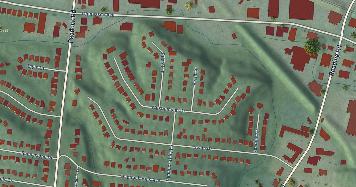 Close-up of streets and buildings in Paddock Hills, Ohio