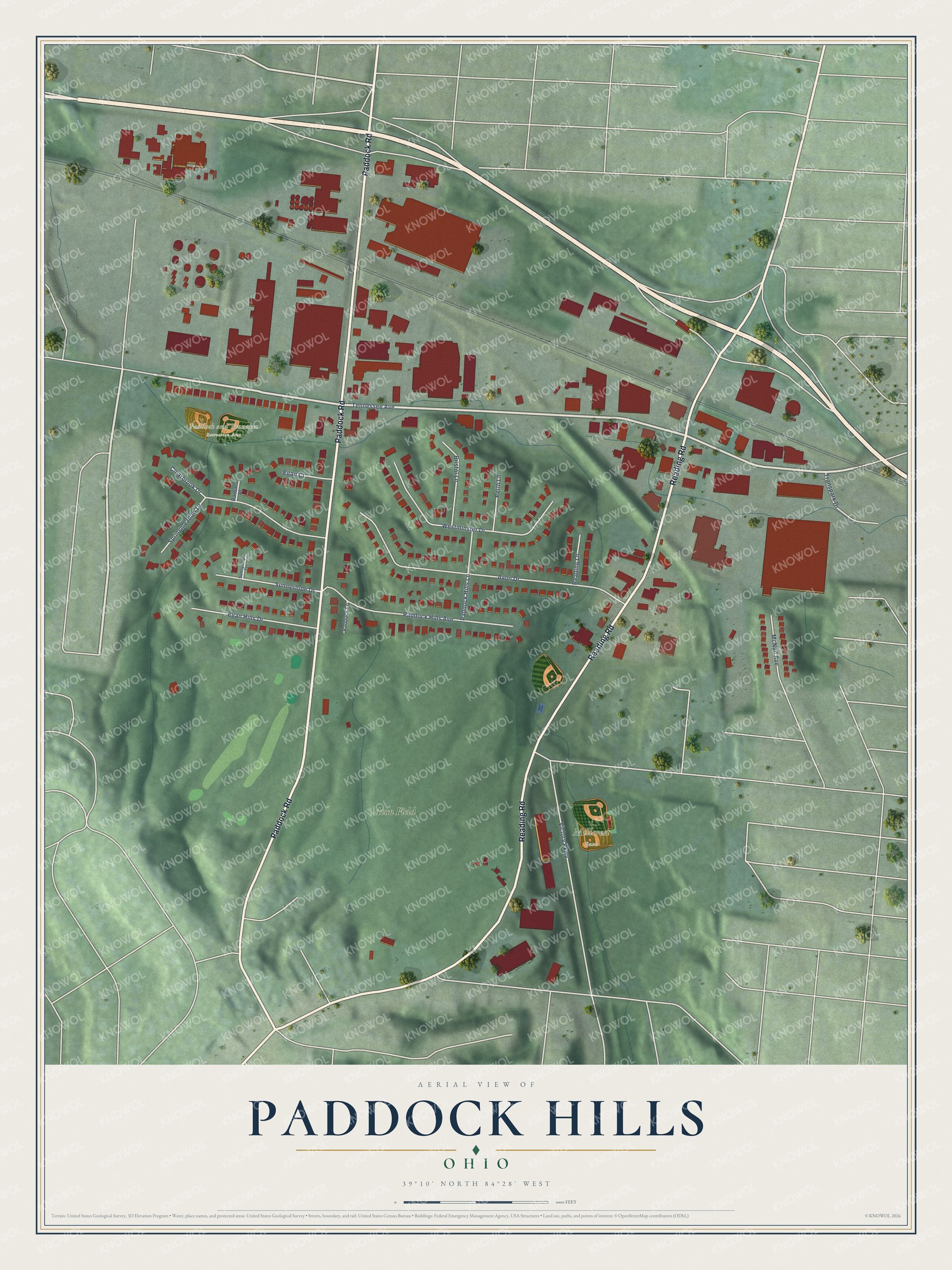Full map of Paddock Hills, Ohio, with red buildings, printed street names and the land around them