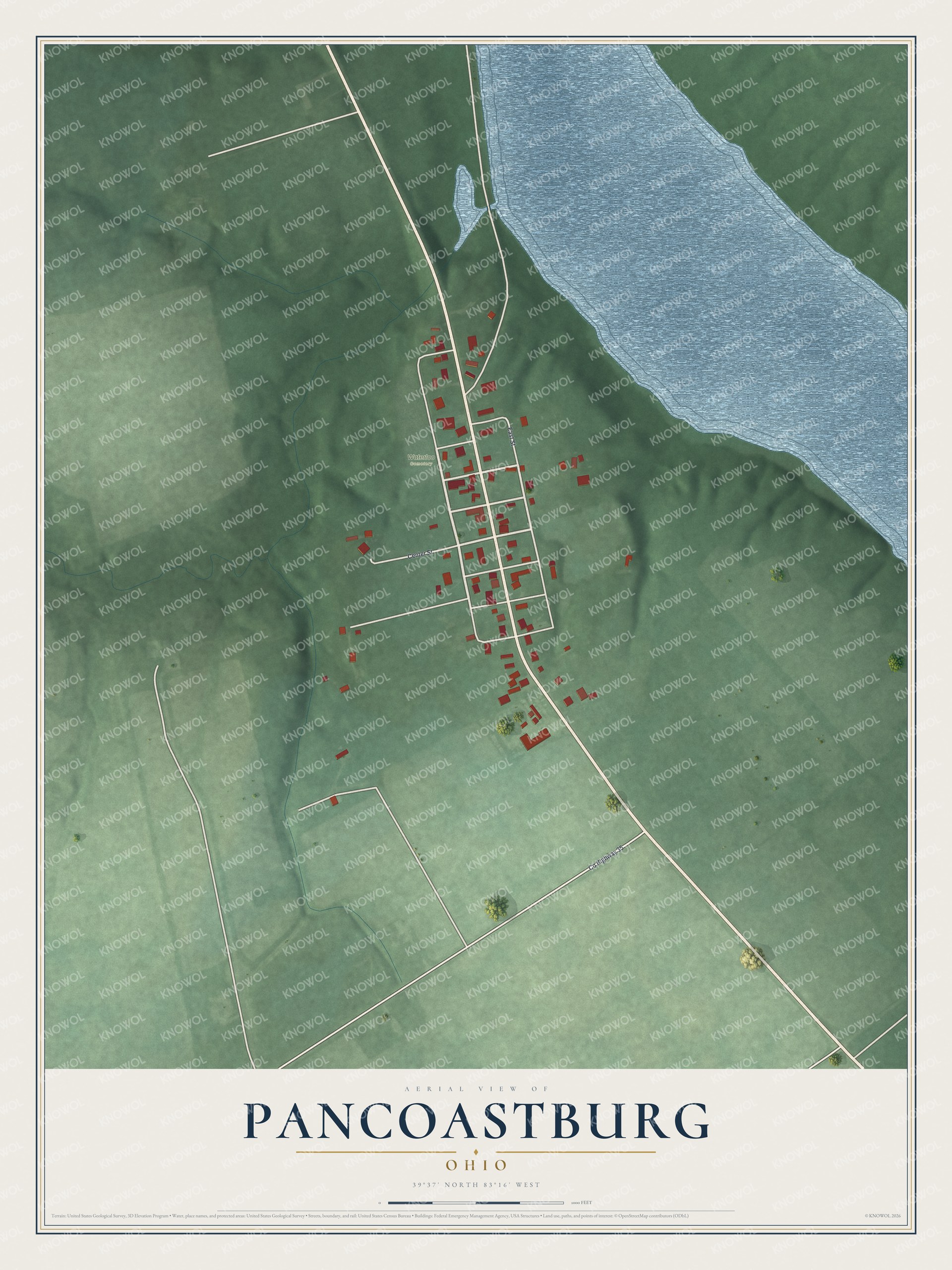 Full map of Pancoastburg, Ohio, with red buildings, printed street names and the land around them