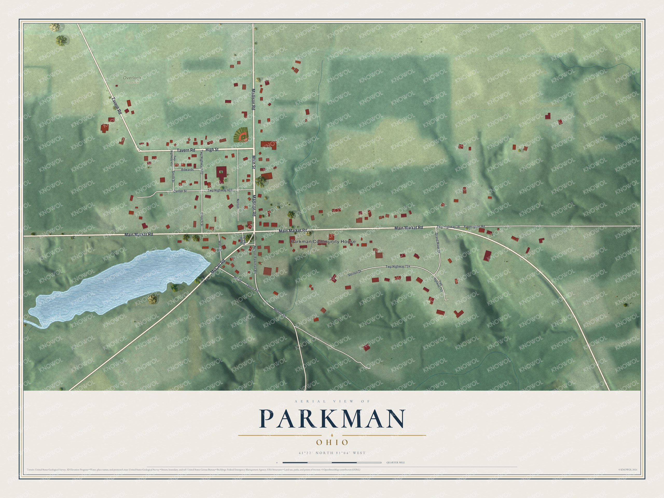 Full map of Parkman, Ohio, with red buildings, printed street names and the land around them