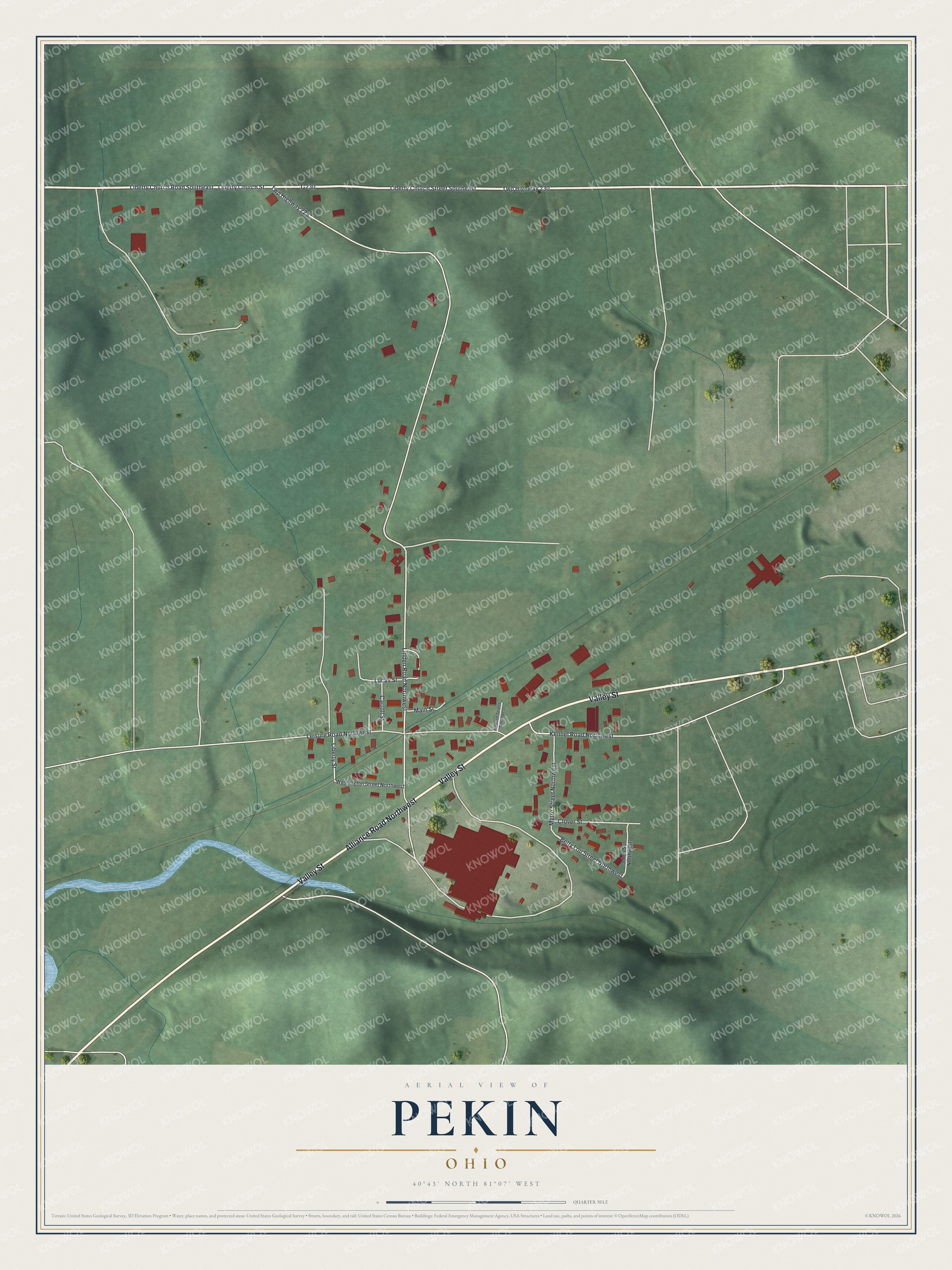 Full map of Pekin, Ohio, with red buildings, printed street names and the land around them