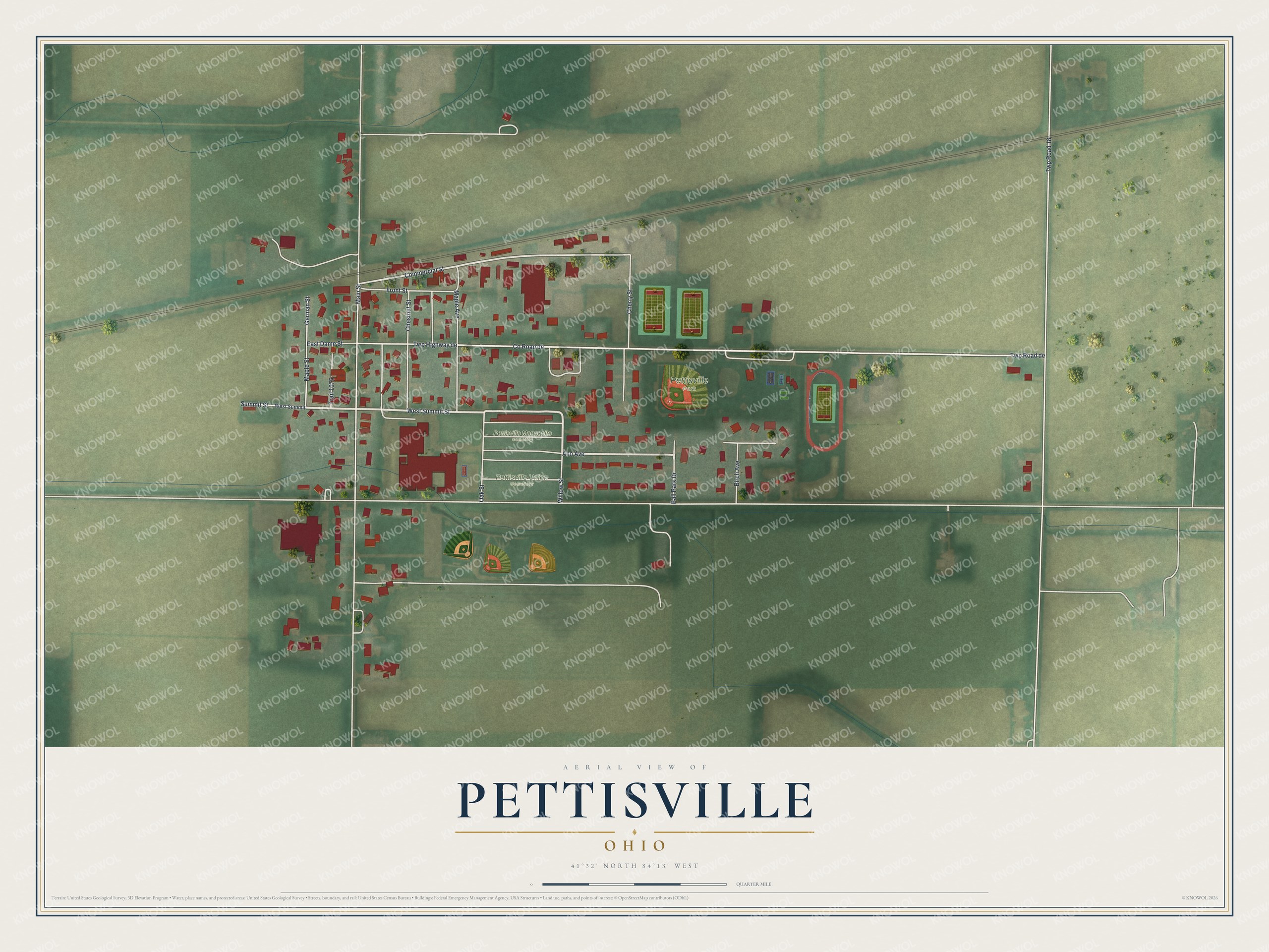 Full map of Pettisville, Ohio, with red buildings, printed street names and the land around them