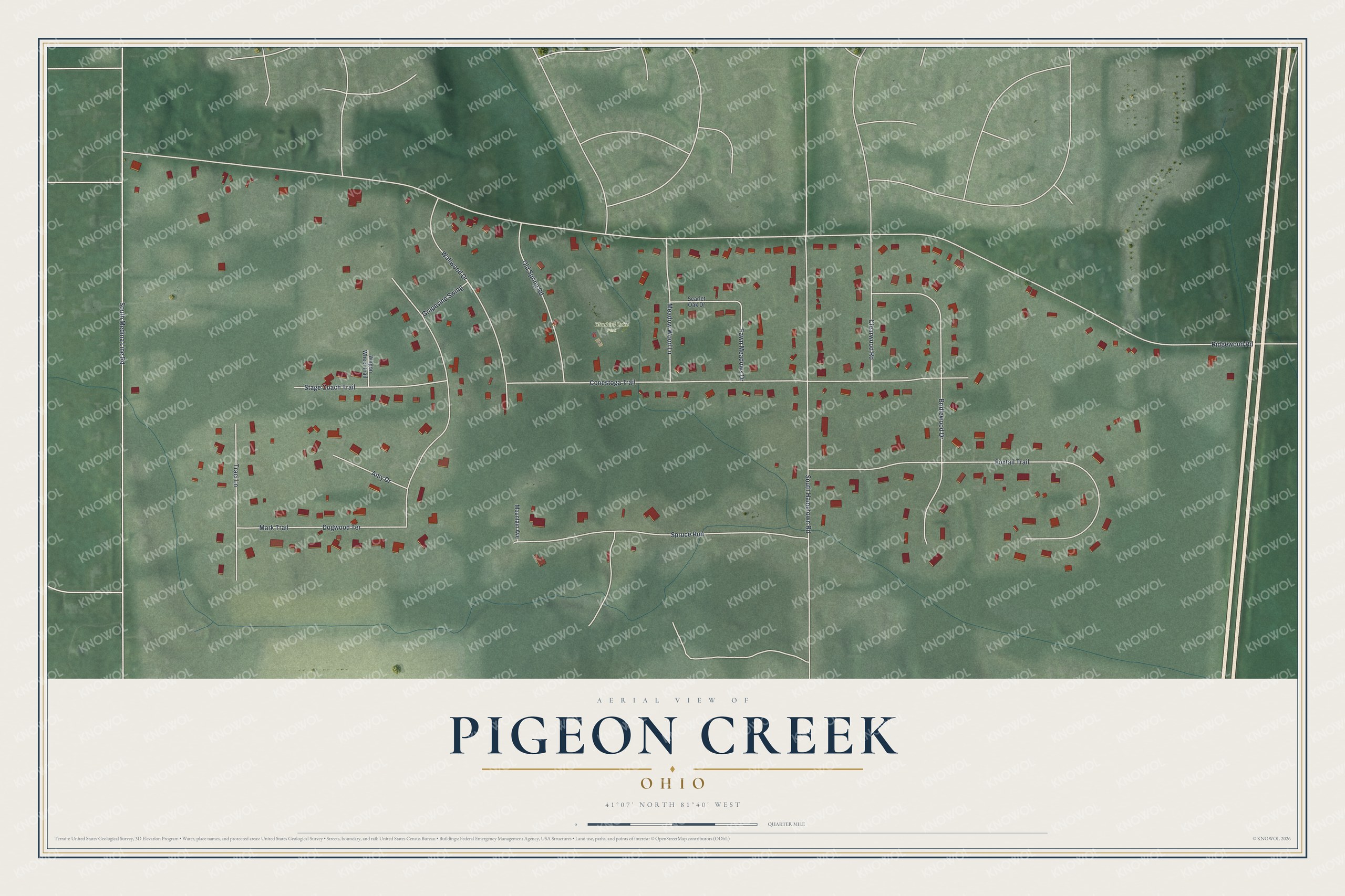 Full map of Pigeon Creek, Ohio, with red buildings, printed street names and the land around them
